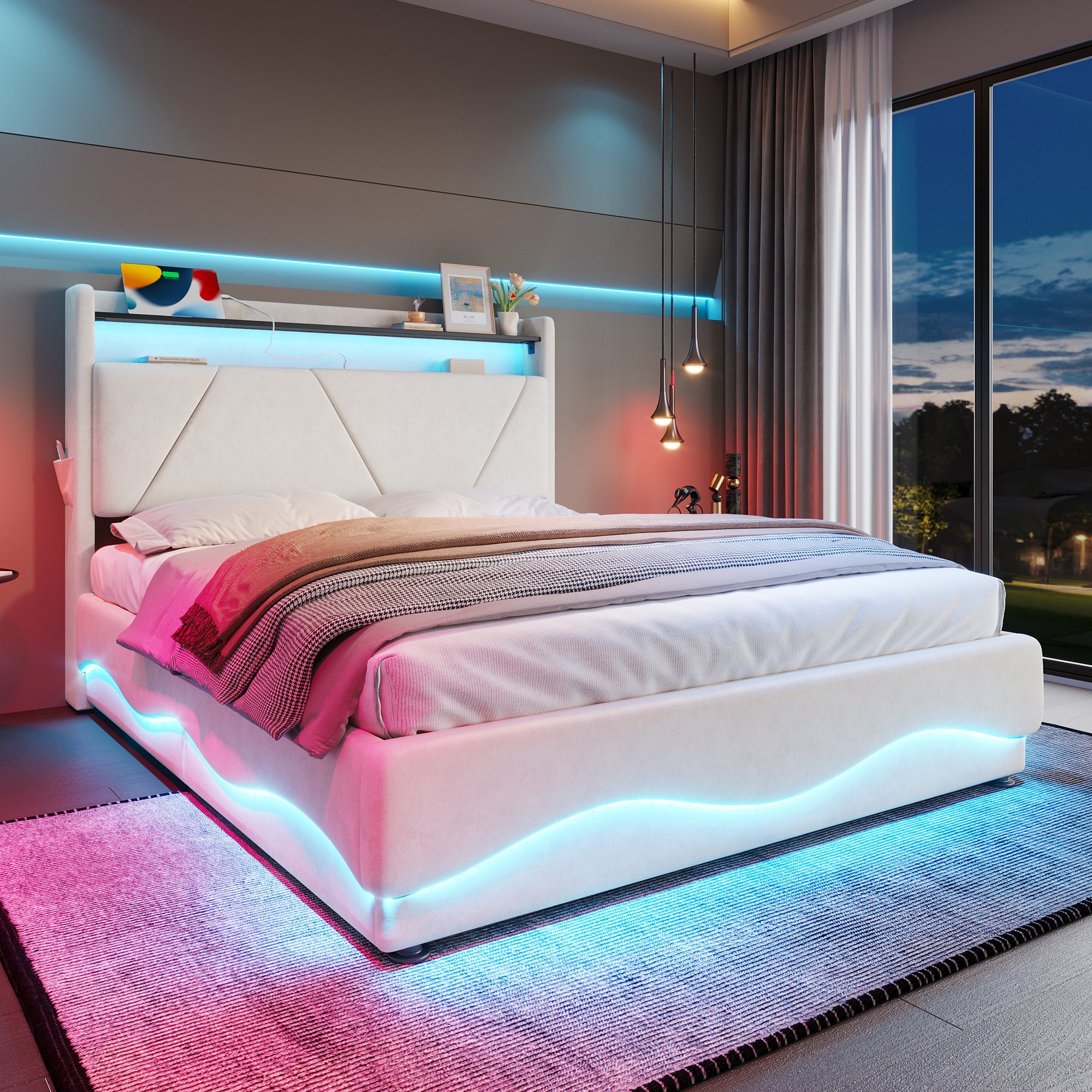 Lit coffre 140x200 en velours beige, tête de lit rembourrée avec LED et rangements
