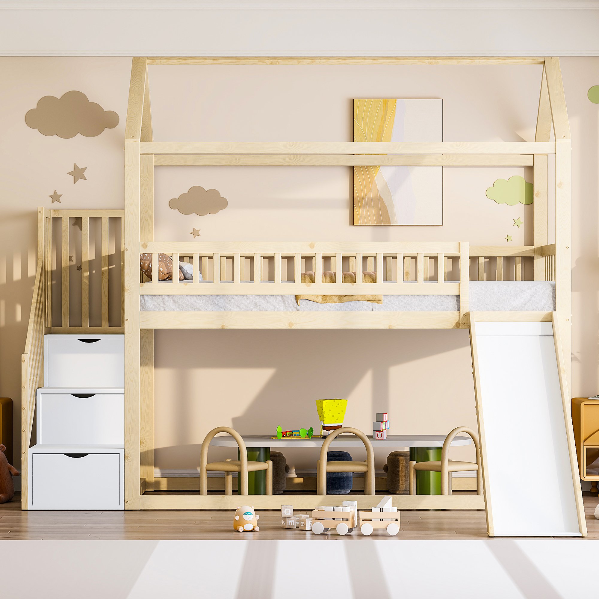 Lit mezzanine enfant avec toboggan et échelle de rangement, couchage 90x200, barrière de sécurité, bois massif