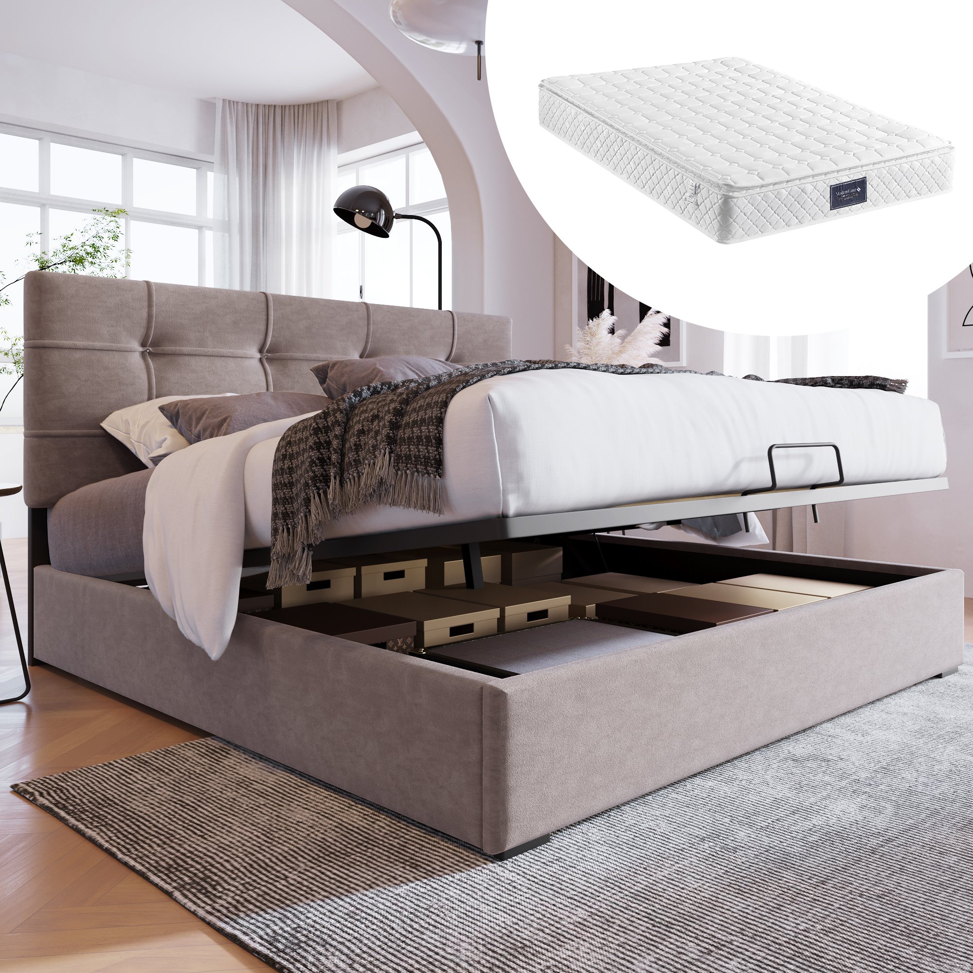 Lit coffre double 140x200 en velours gris clair avec matelas ressorts ensachés et sommier à lattes