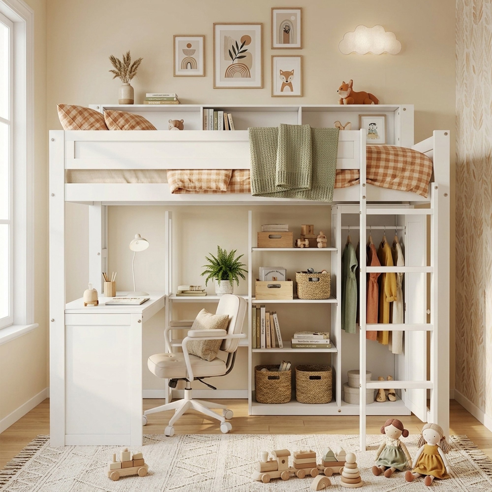 Lit superposé 90x200 cm, 2 couchages, avec rangements, bureau et armoire, blanc