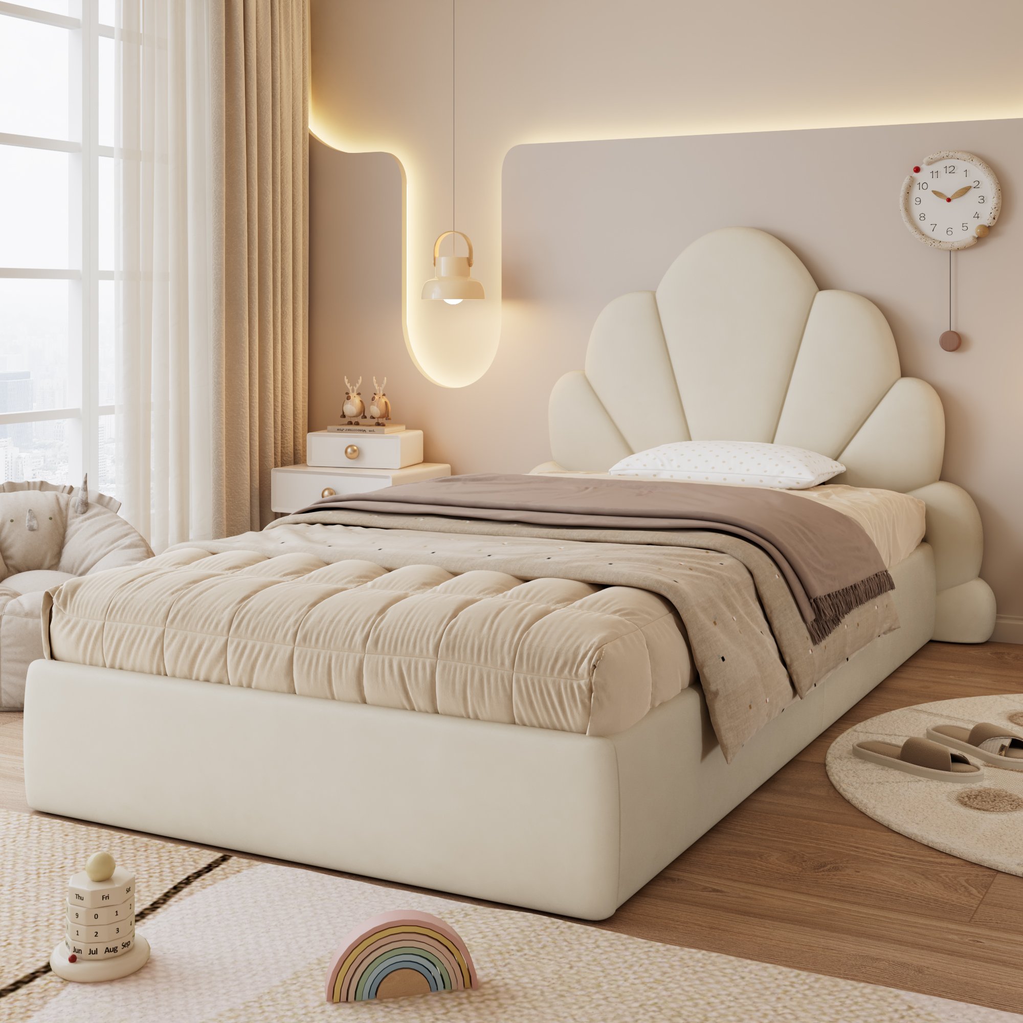 Lit rembourré 90x200 cm en velours beige avec tête de lit en forme de pétales et sommier à lattes