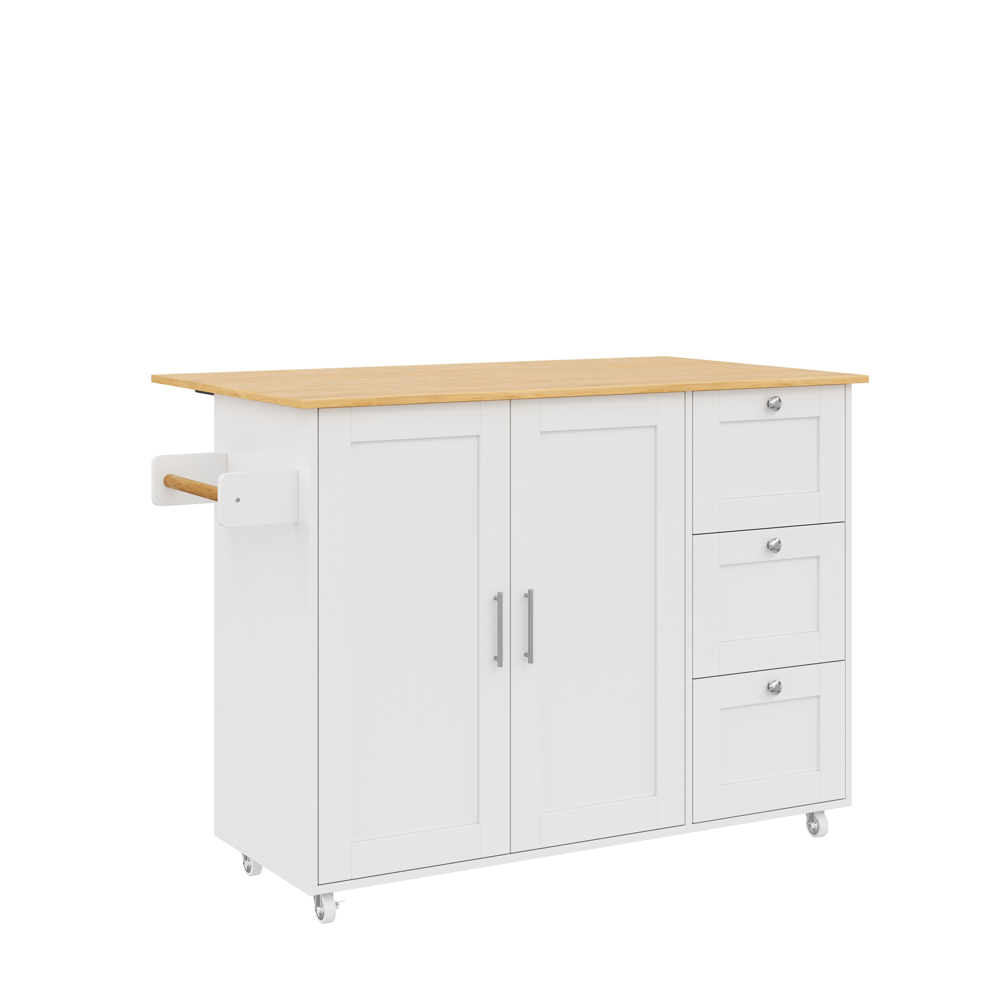 Îlot de cuisine blanc et bois, plan de travail en chêne, extensible, sur roulettes, rangement avec 3 tiroirs, porte-serviettes, 135x44(70)x90 cm