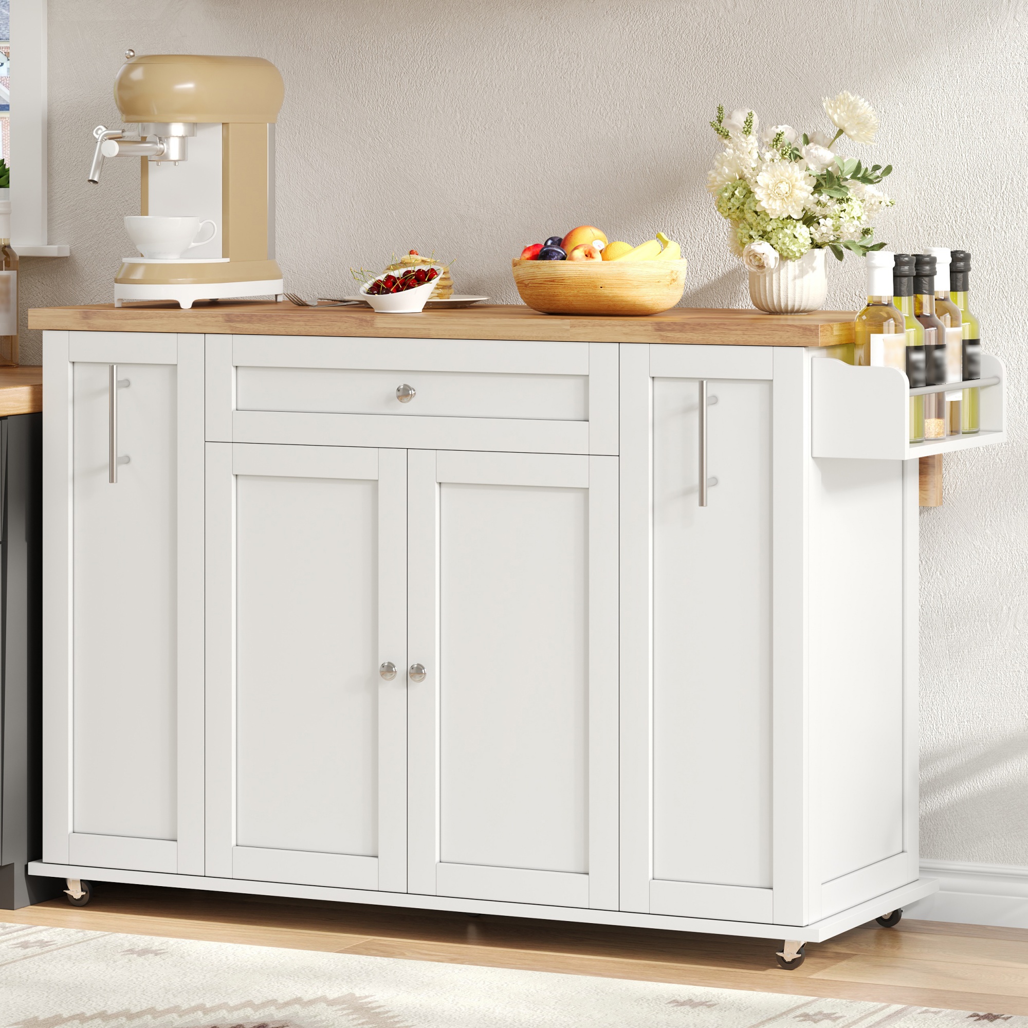 Îlot de cuisine avec plan de travail rabattable et rangement polyvalent, 3 tiroirs, 2 armoires, roulettes freinables, 120x70 cm