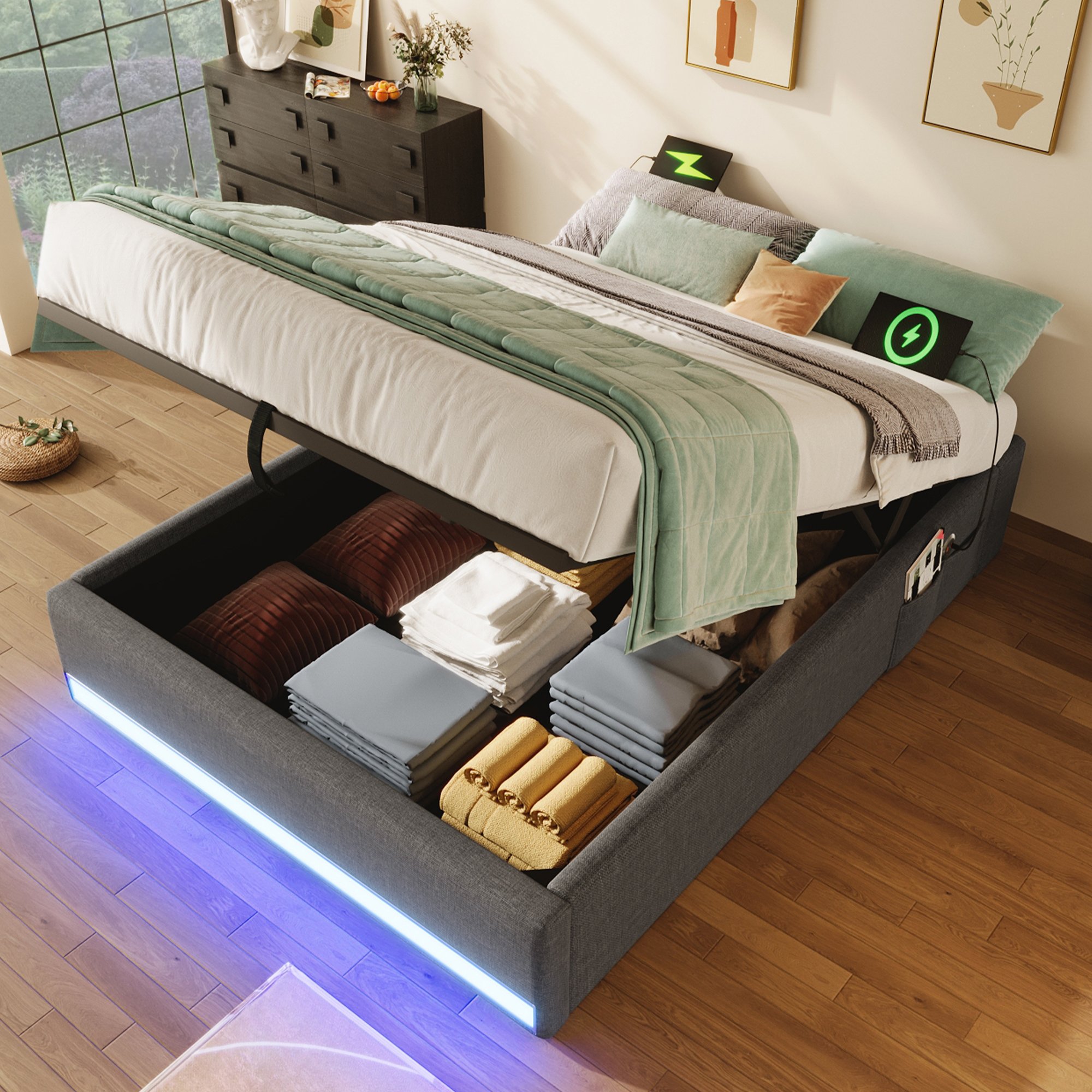 Lit coffre 90x200 en lin gris avec rangement hydraulique, LED, USB et Type-C