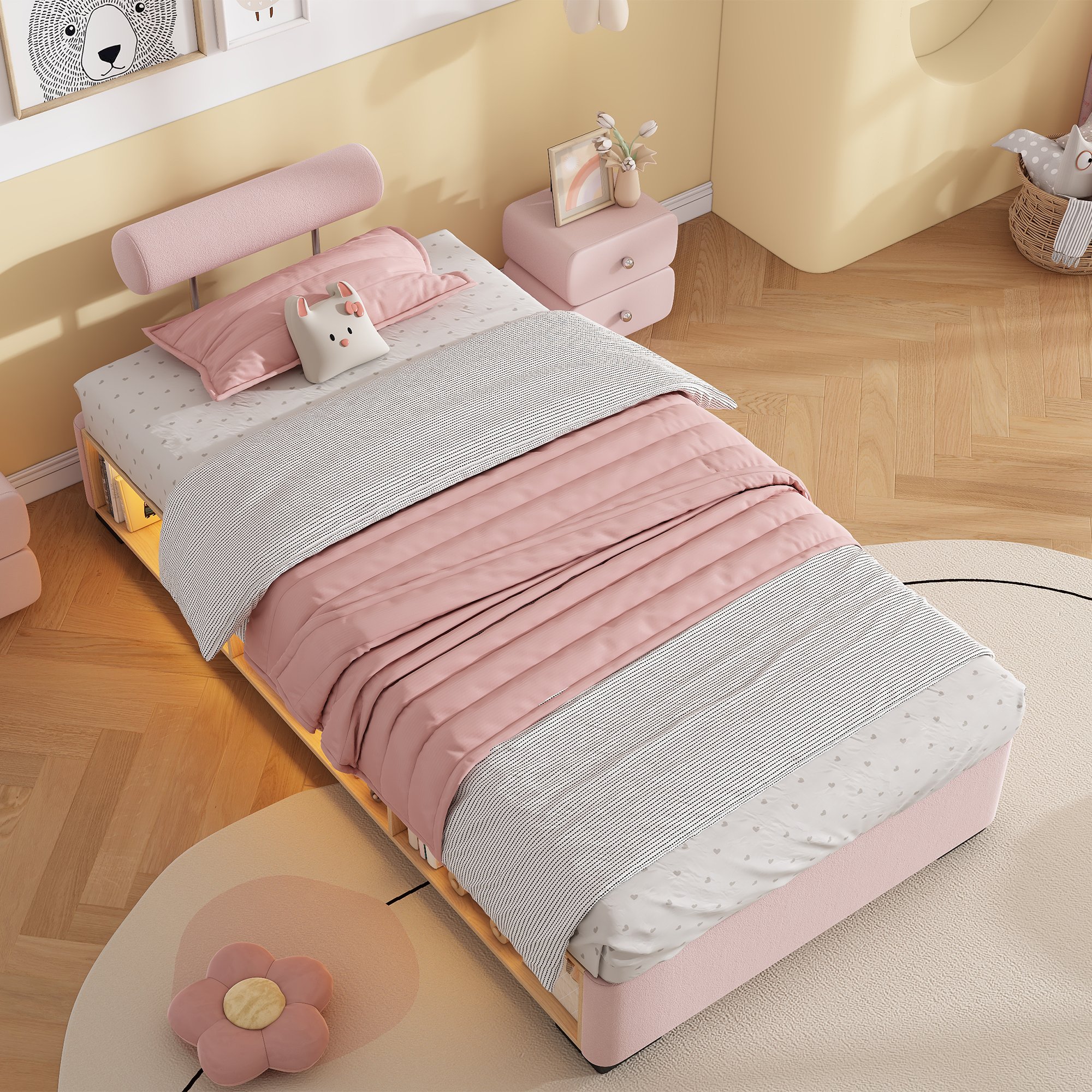 Lit enfant avec rangement, 90x200 cm, velours rose, étagère latérale avec LED, tête de lit rembourrée