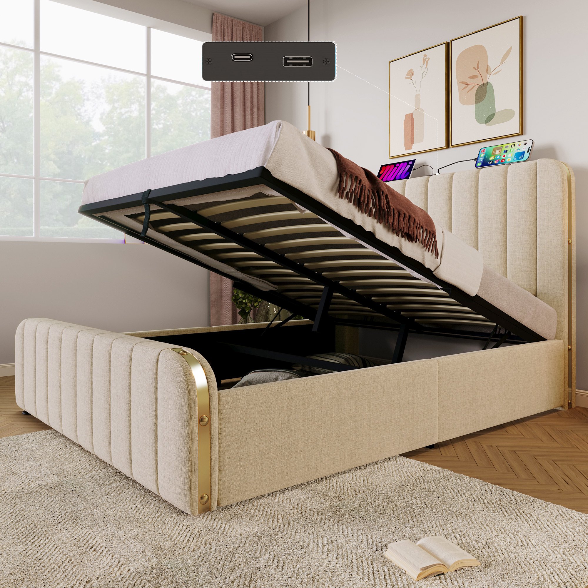 lit coffre 140x200 beige en tissu lin avec rangement hydraulique, sommier à lattes et ports USB Type-C