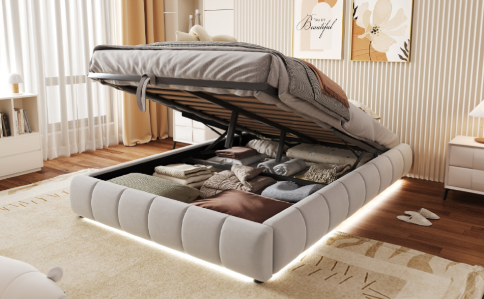 Lit coffre 140x200 beige avec rangement hydraulique, LED et sommier à lattes