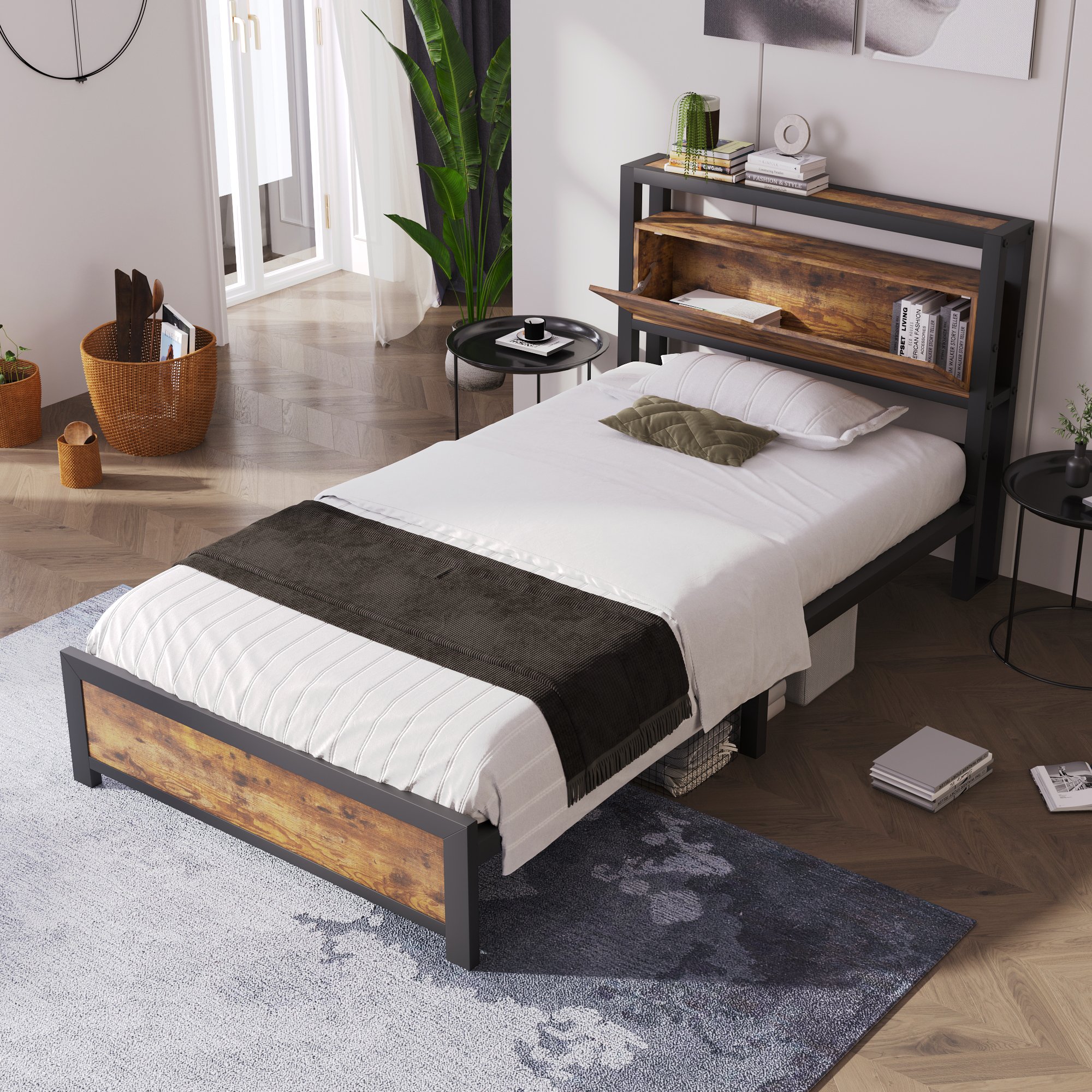 Lit enfant 90x200 en métal et bois noir, cadre de lit industriel avec rangement sous le couchage et tête de lit fonctionnelle