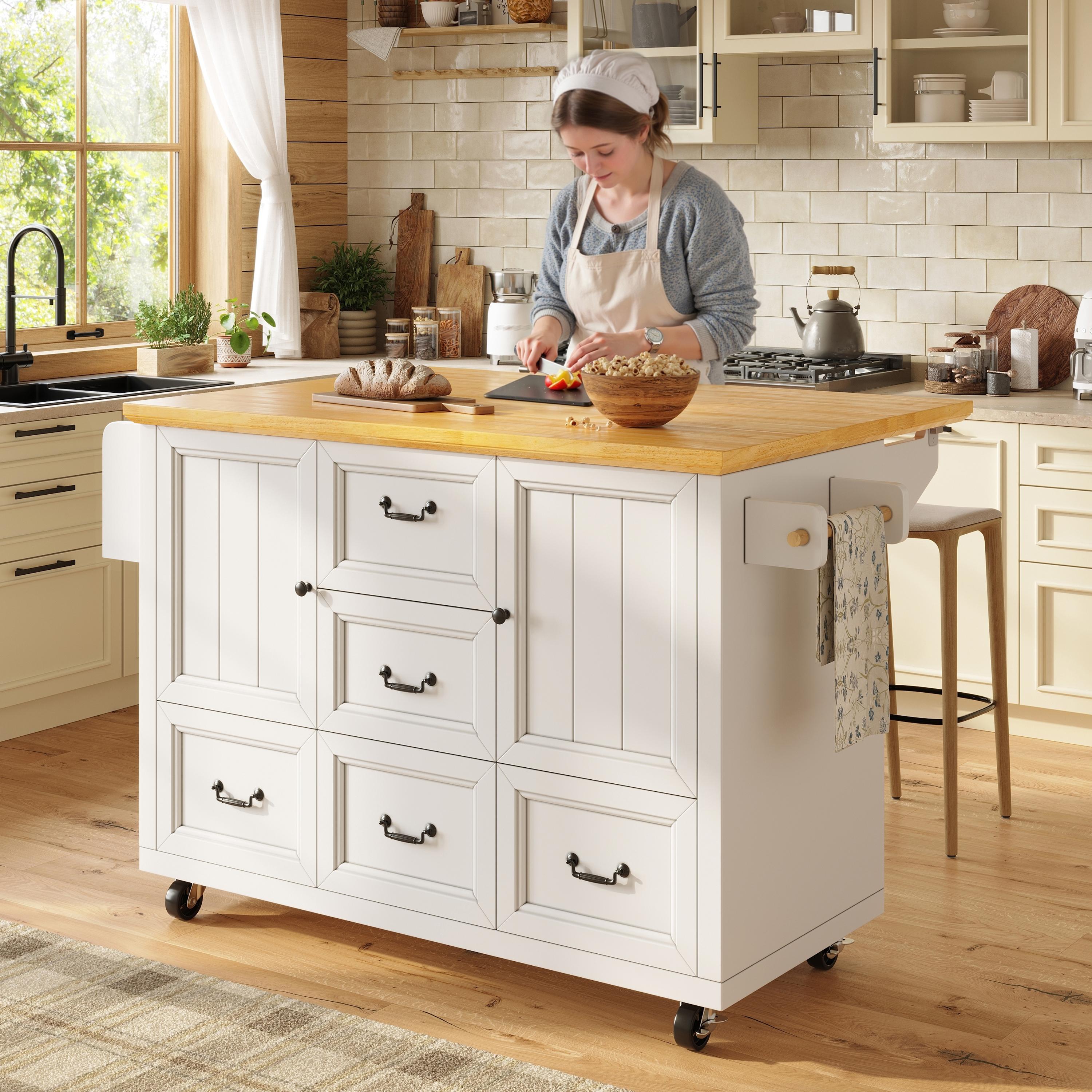 Îlot de cuisine extensible avec table rabattable, rangement, sur roulettes, blanc, Panneau composite de fibres de bois à densité et métal, 120x73 cm, 5 tiroirs