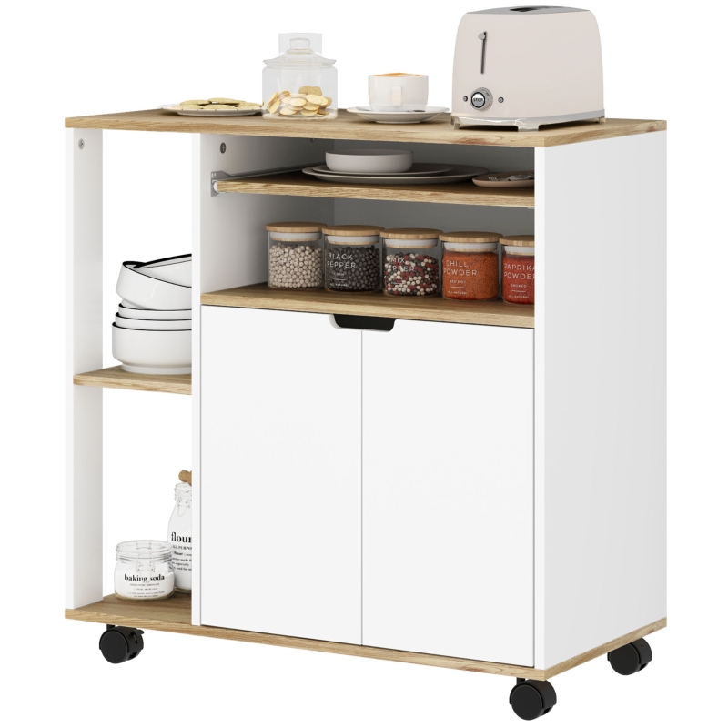 Îlot de cuisine 80x40x82 cm, blanc et bois, avec rangement, placard, étagères et plan de travail, sur roulettes