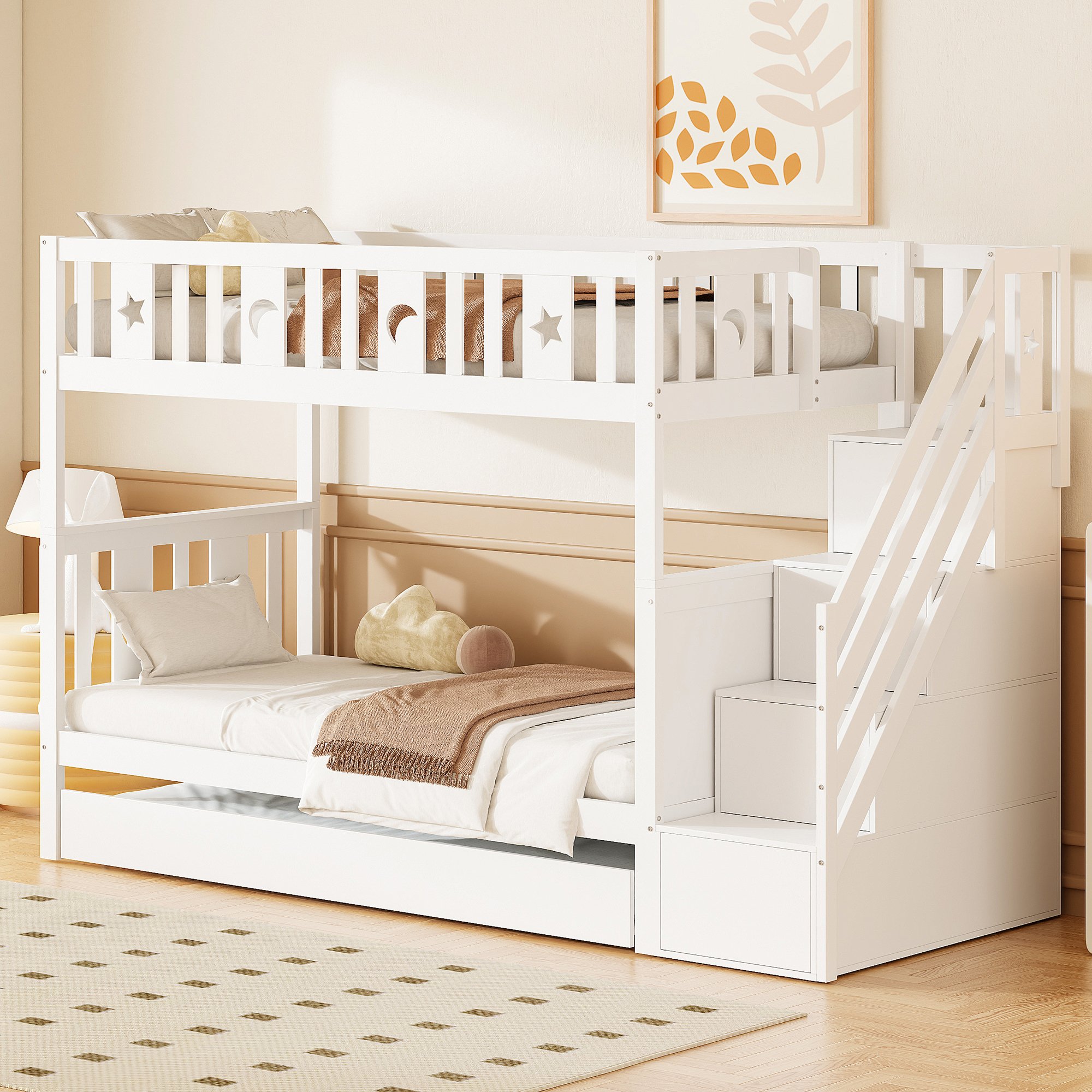 Lit superposé enfant 90x200 cm en bois massif blanc avec rangement et échelle de sécurité