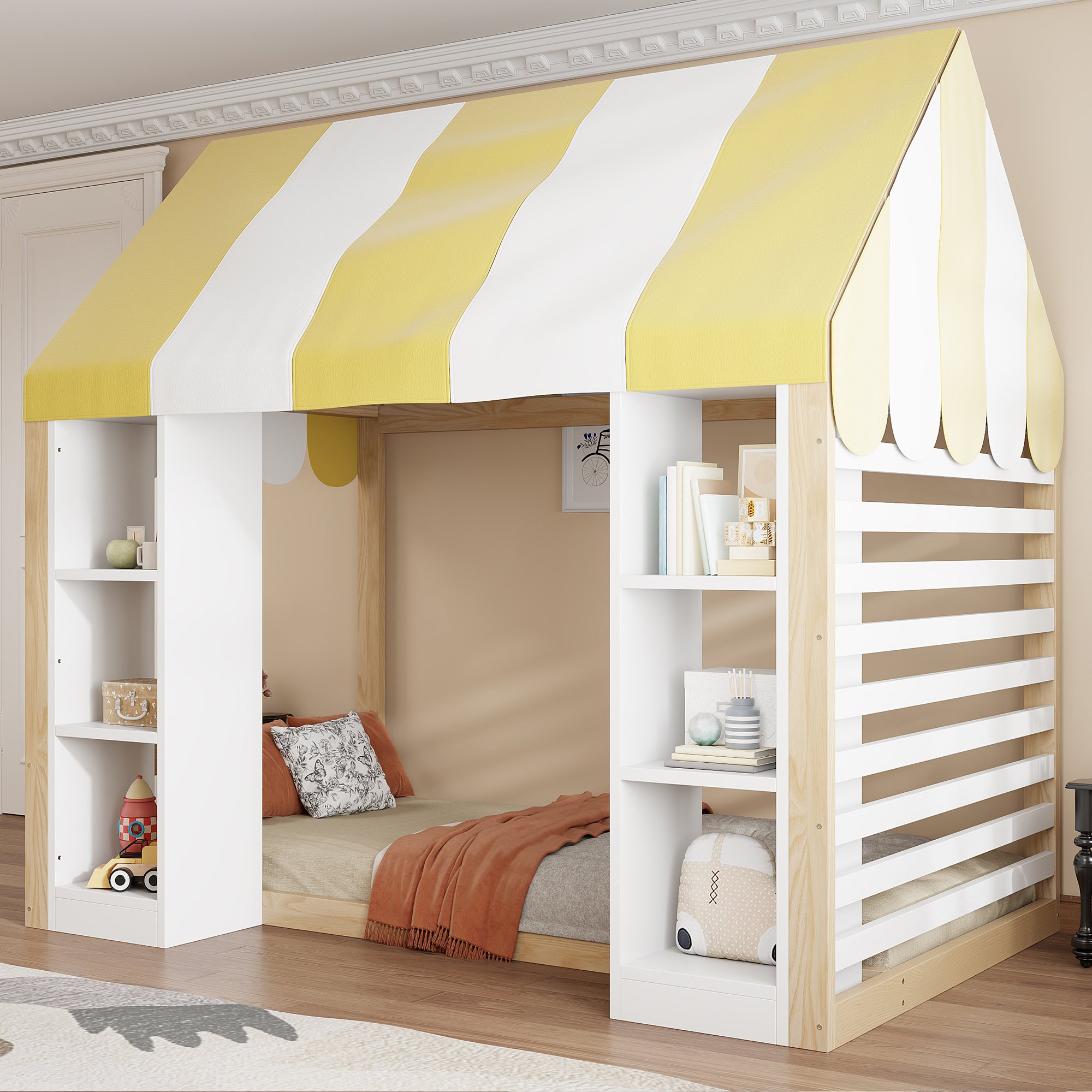 Lit mezzanine enfant avec rangement intégré et baldaquin, 90x200, bois et métal