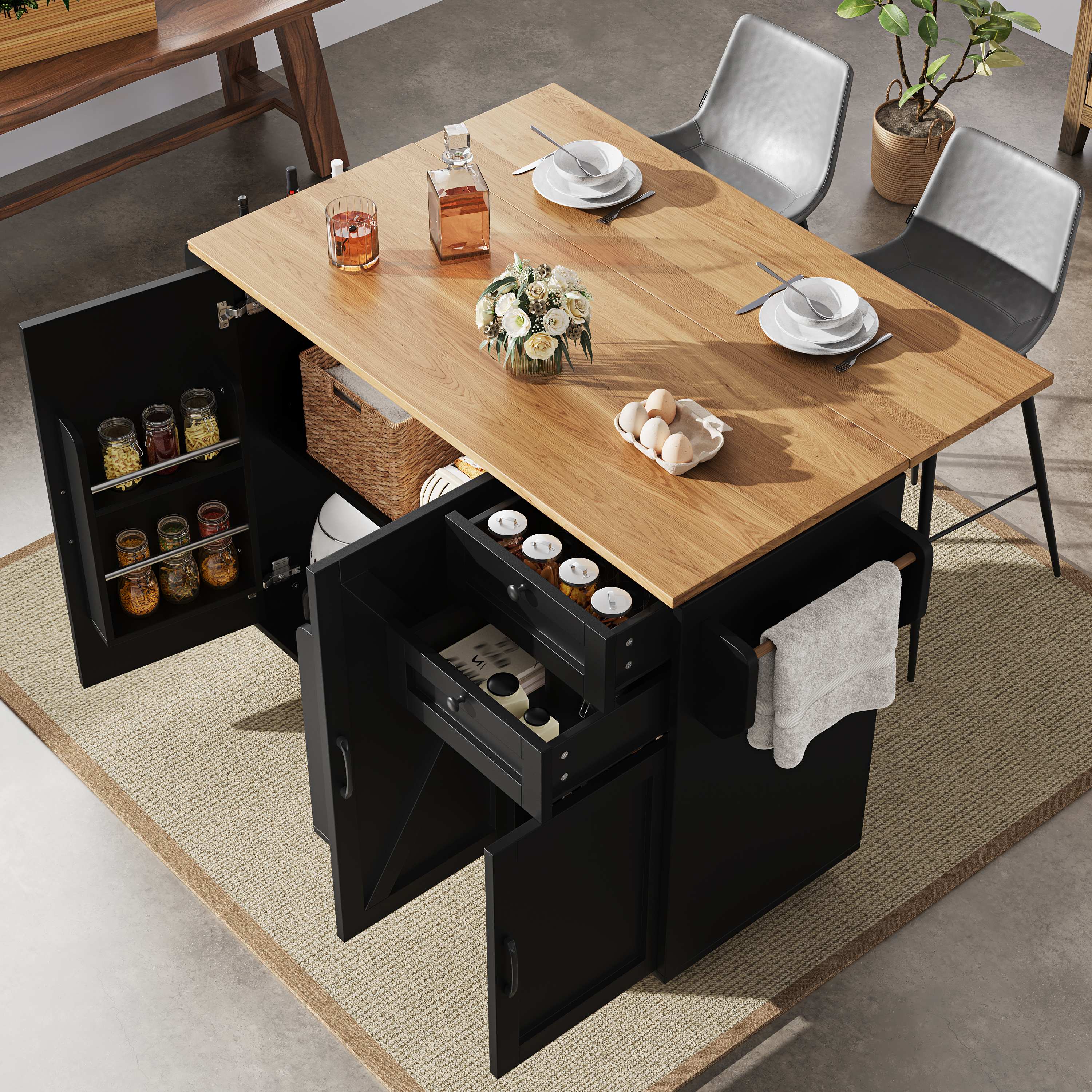 Îlot de cuisine multifonction avec rangement, table escamotable et 5 roulettes, noir, 120x43x92 cm, étagères et tiroirs