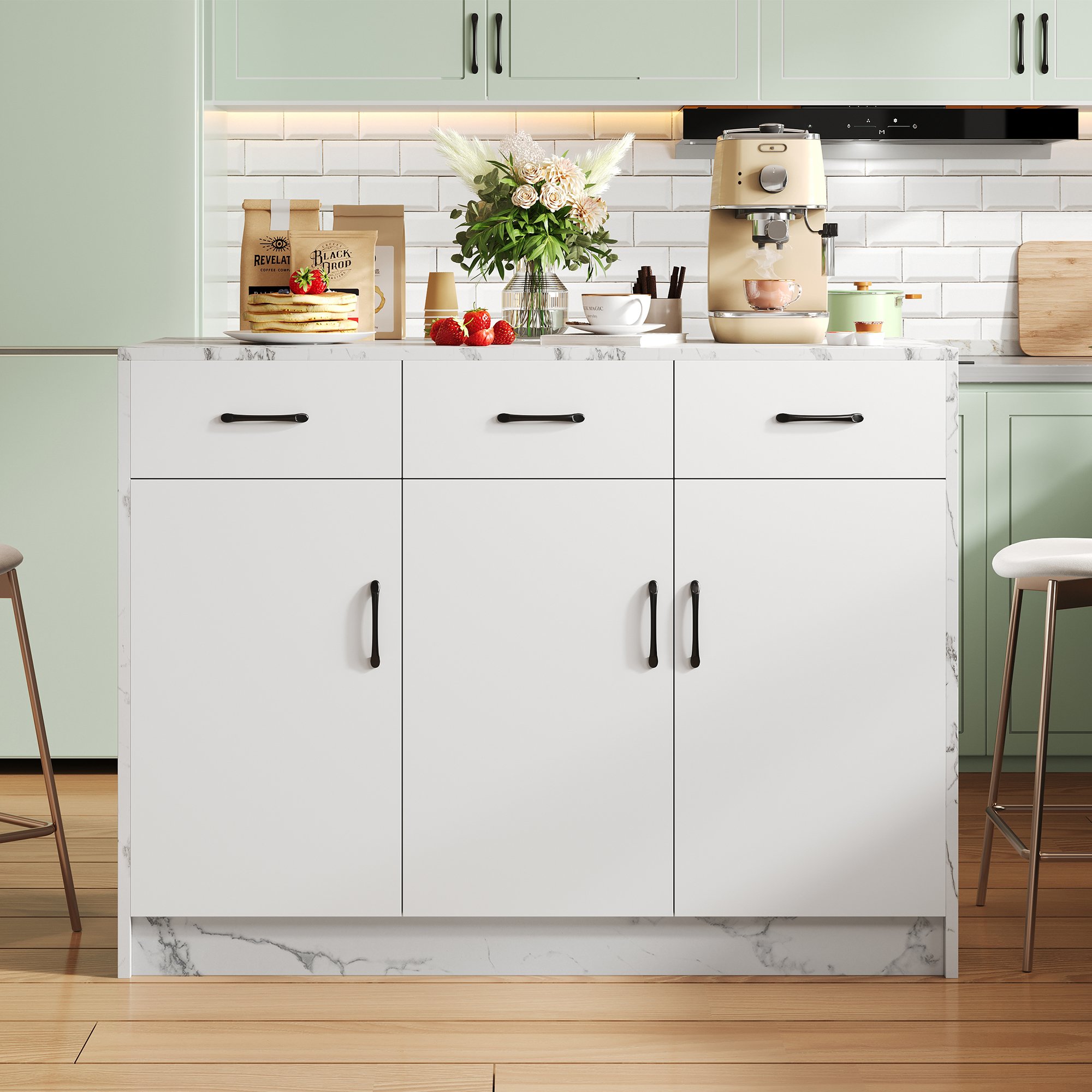 Îlot de cuisine 120x60x90,5 cm pour 2 personnes, avec 3 tiroirs et 3 placards, design bar, blanc marbre, rangement spacieux