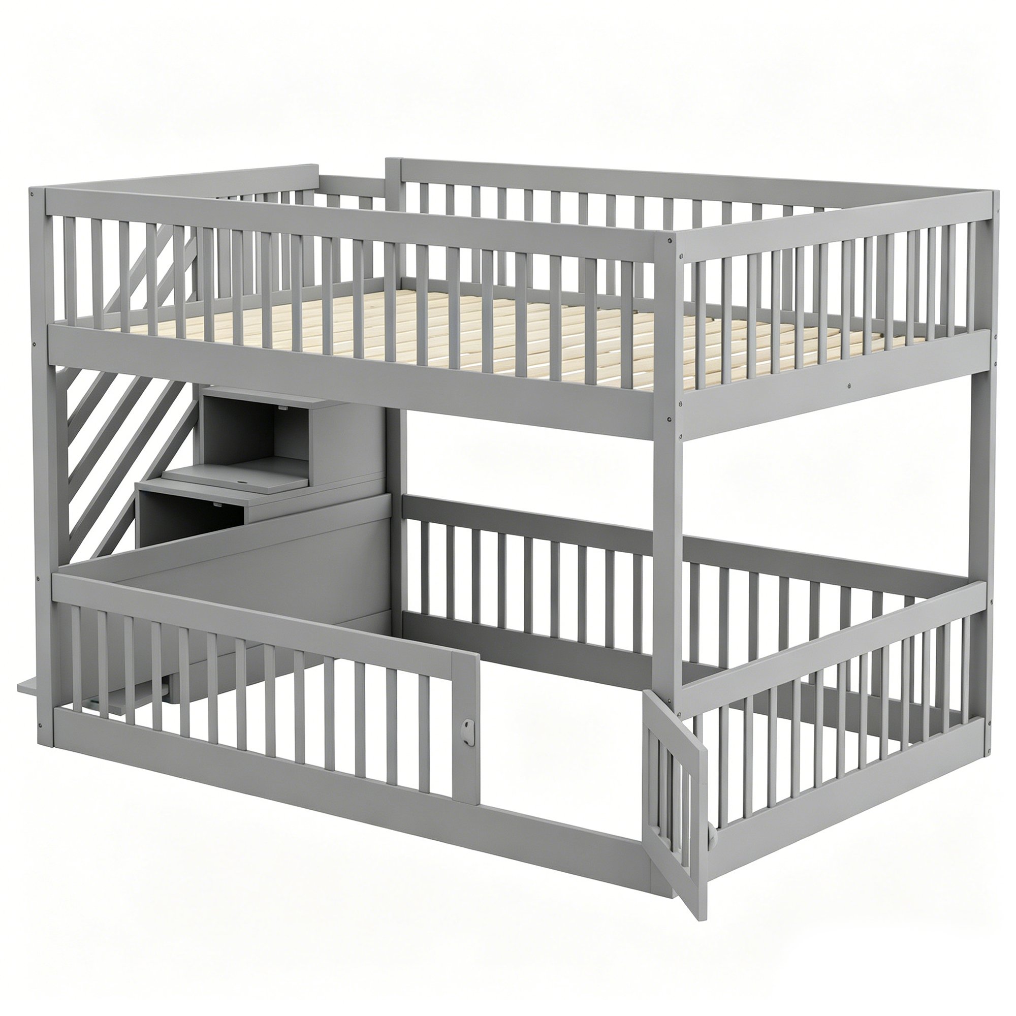 Lit superposé enfant 140x200 avec échelle et rangement, bois massif gris, sécurité renforcée