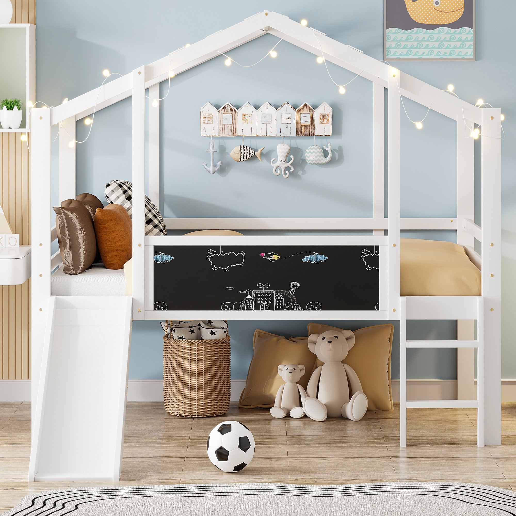 Lit mezzanine enfant 90x200 avec toboggan et tableau, bois massif blanc, échelle sécurisée