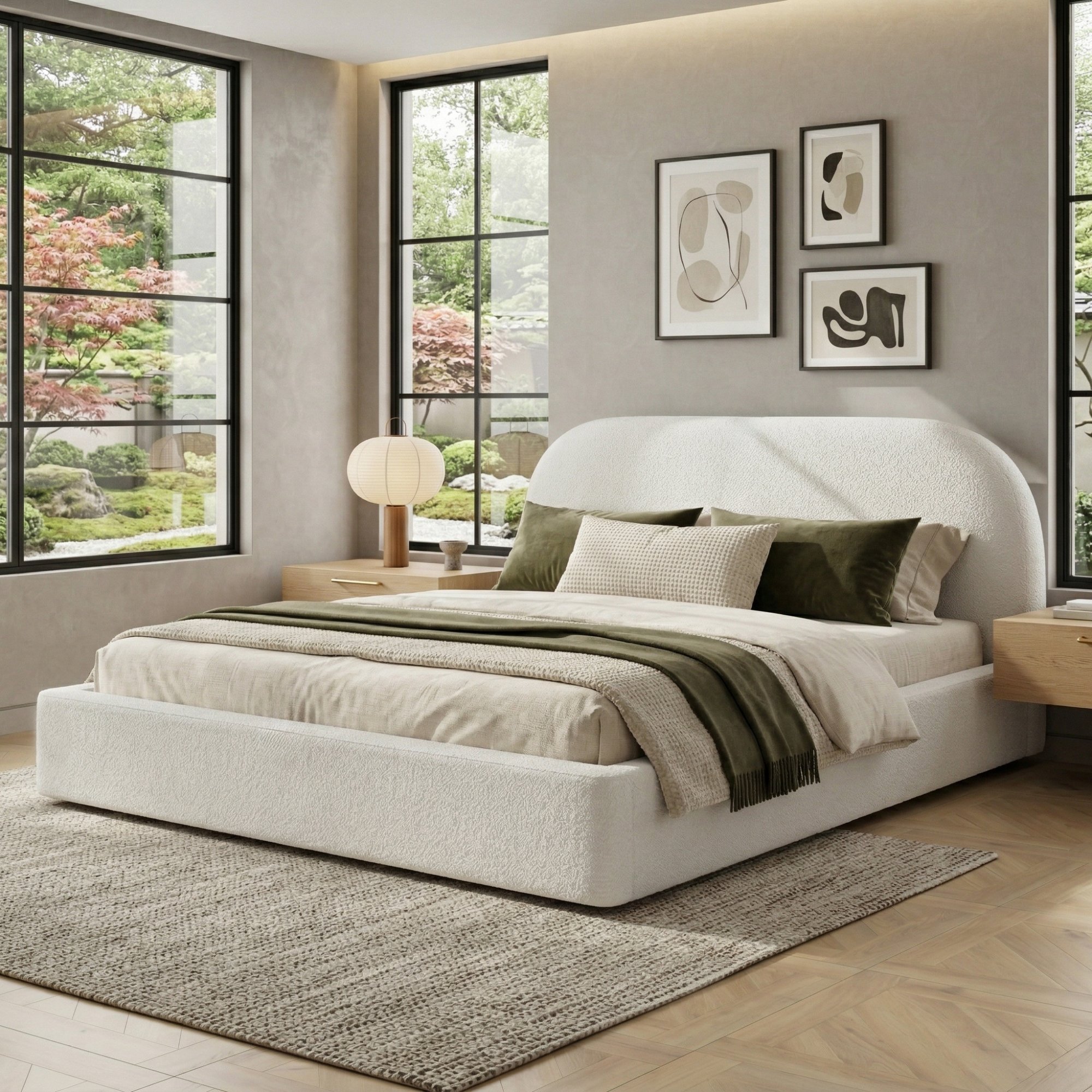 Lit capitonné 180x200 beige bouclé avec sommier à lattes, tête de lit rembourrée épaisse et structure stable sans matelas
