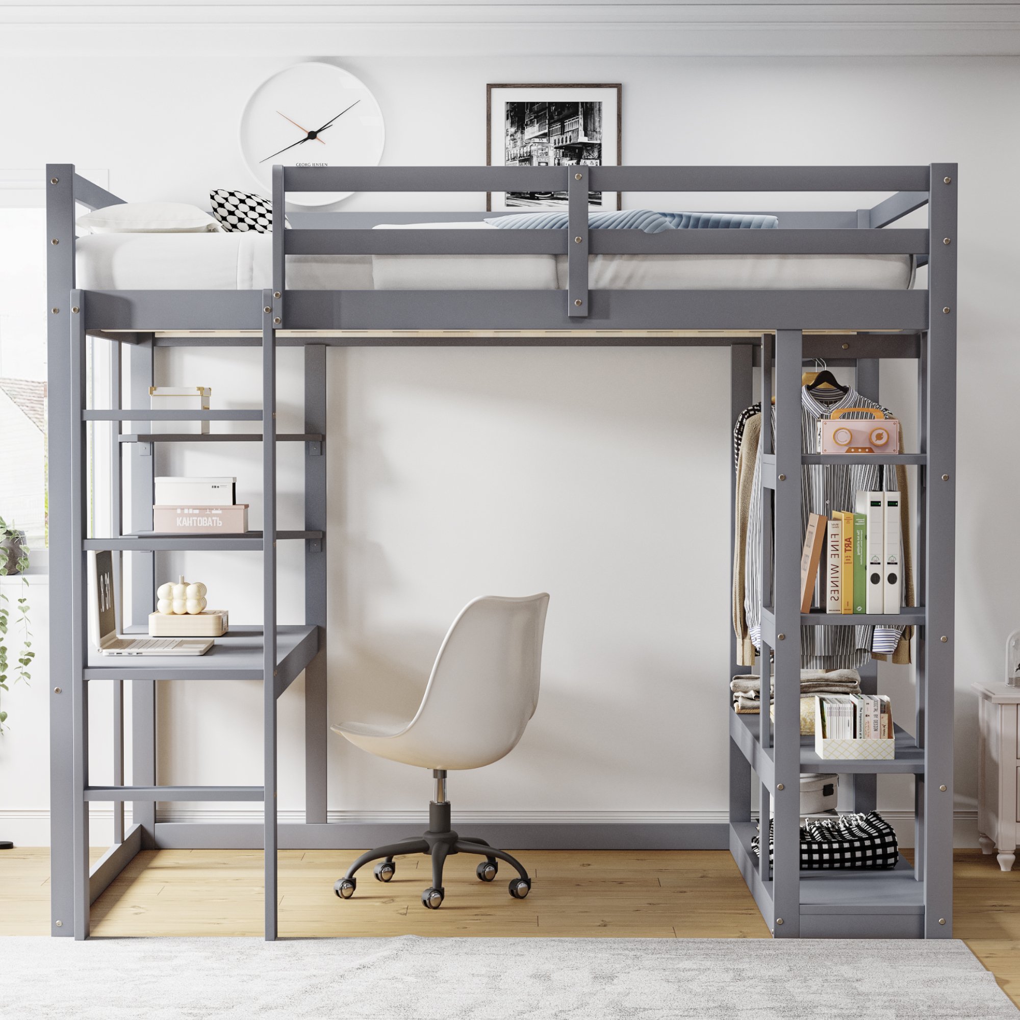 Lit mezzanine avec bureau intégré et rangements, 140x200, pour enfant et adulte