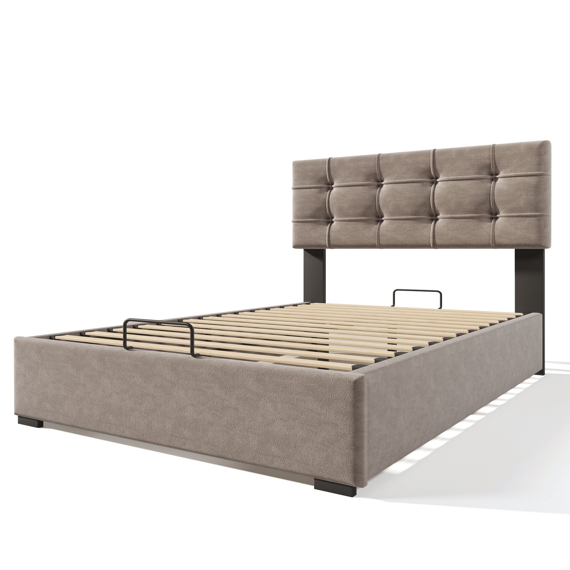 Lit coffre double 140x200 en velours gris clair avec matelas ressorts ensachés et sommier à lattes