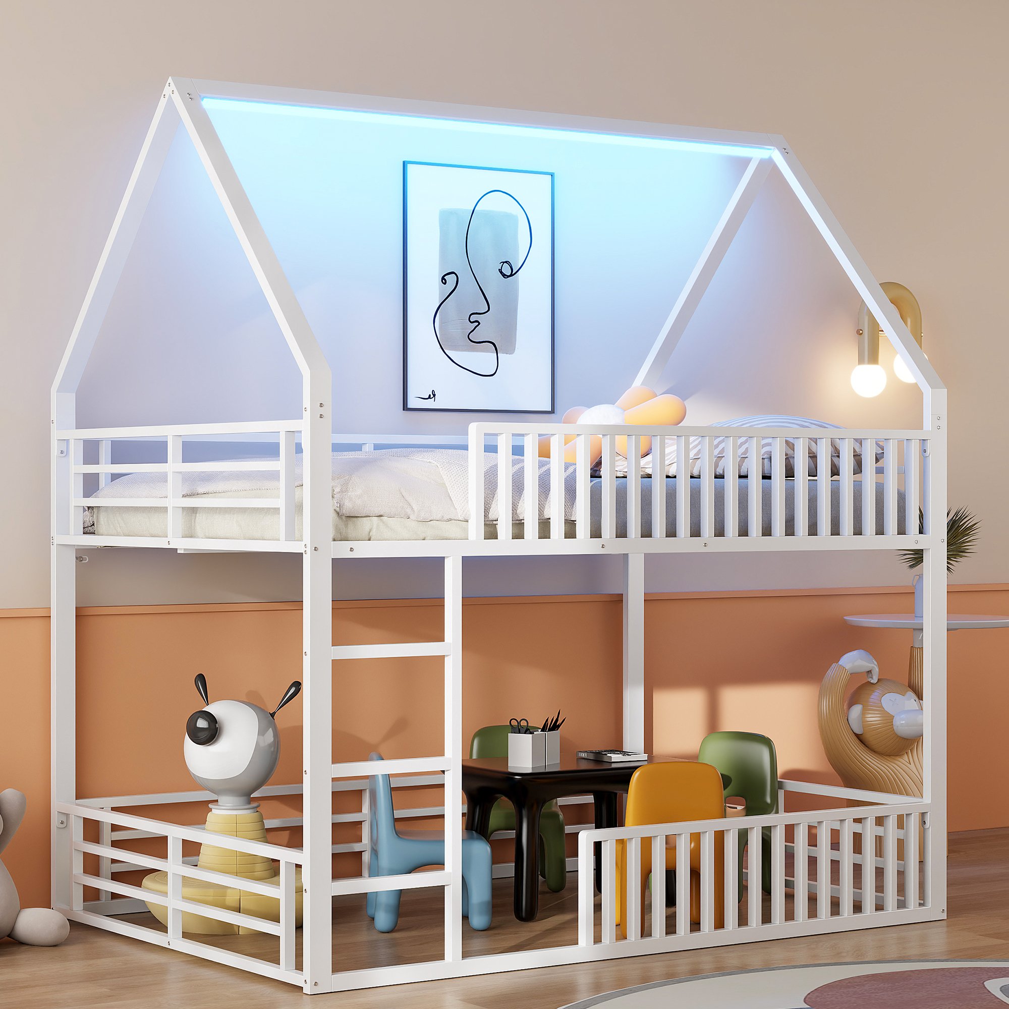 Lit superposé avec LED 7 couleurs et garde-corps de protection, couchage 140x200