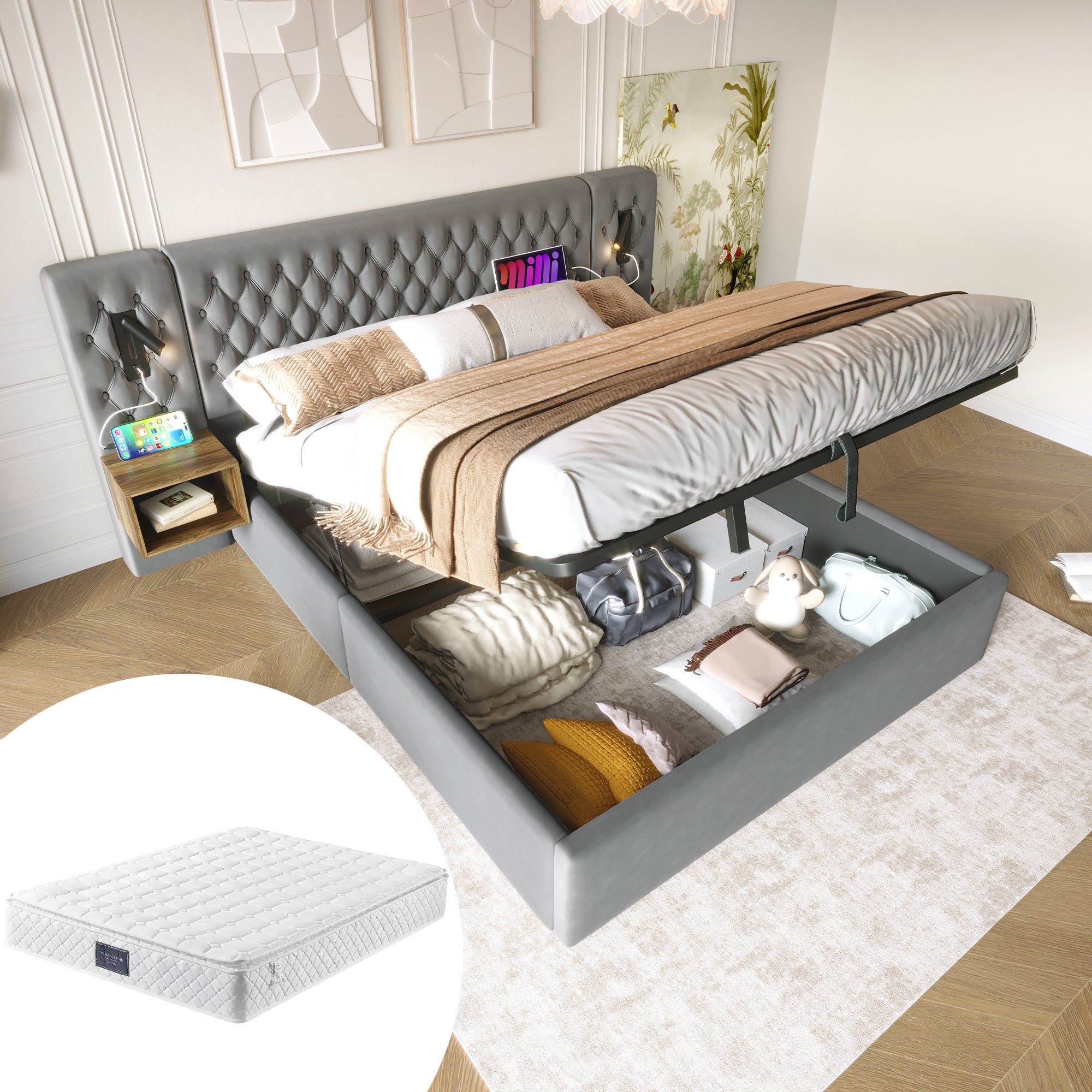Lit coffre 160x200 velours gris avec matelas ressorts ensachés, LED USB, rangement hydraulique et tables de chevet
