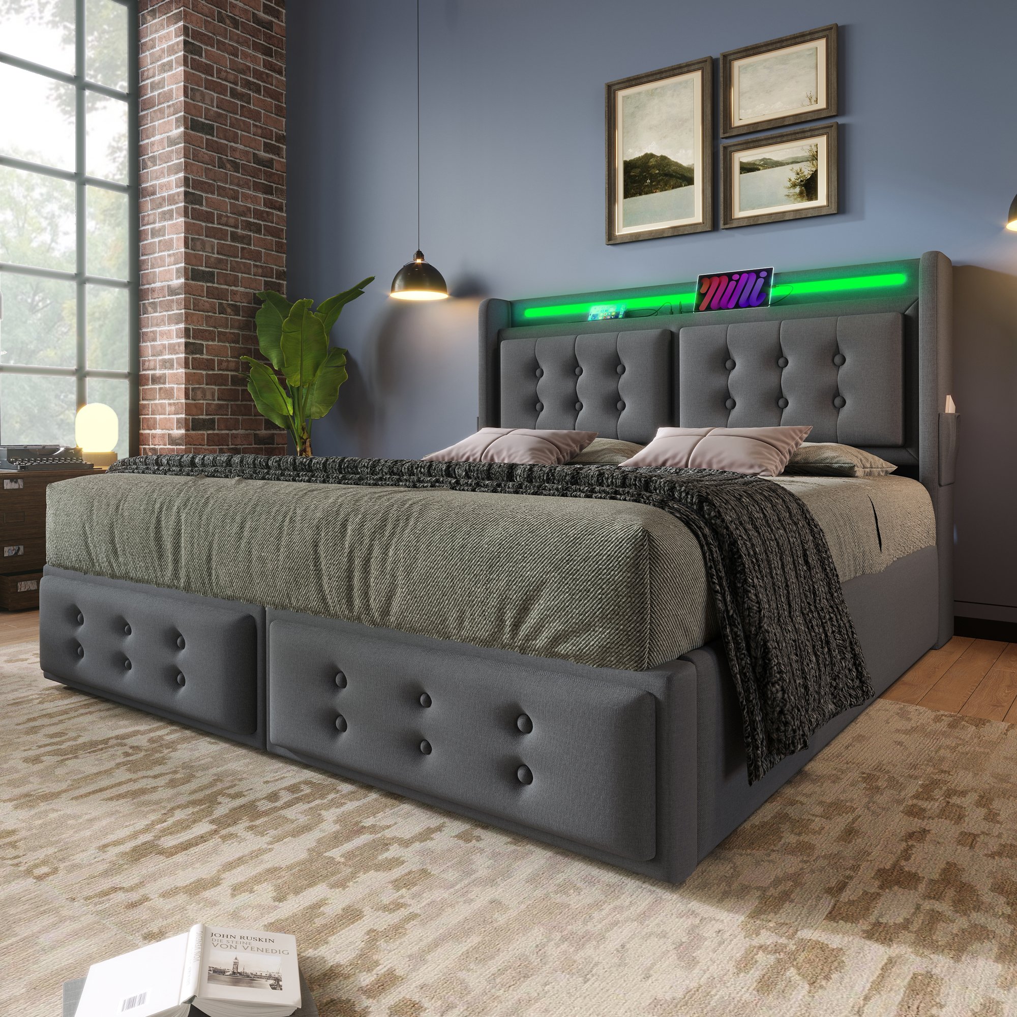 lit coffre 140x200 gris avec rangement hydraulique, LED, ports USB et sommier à lattes