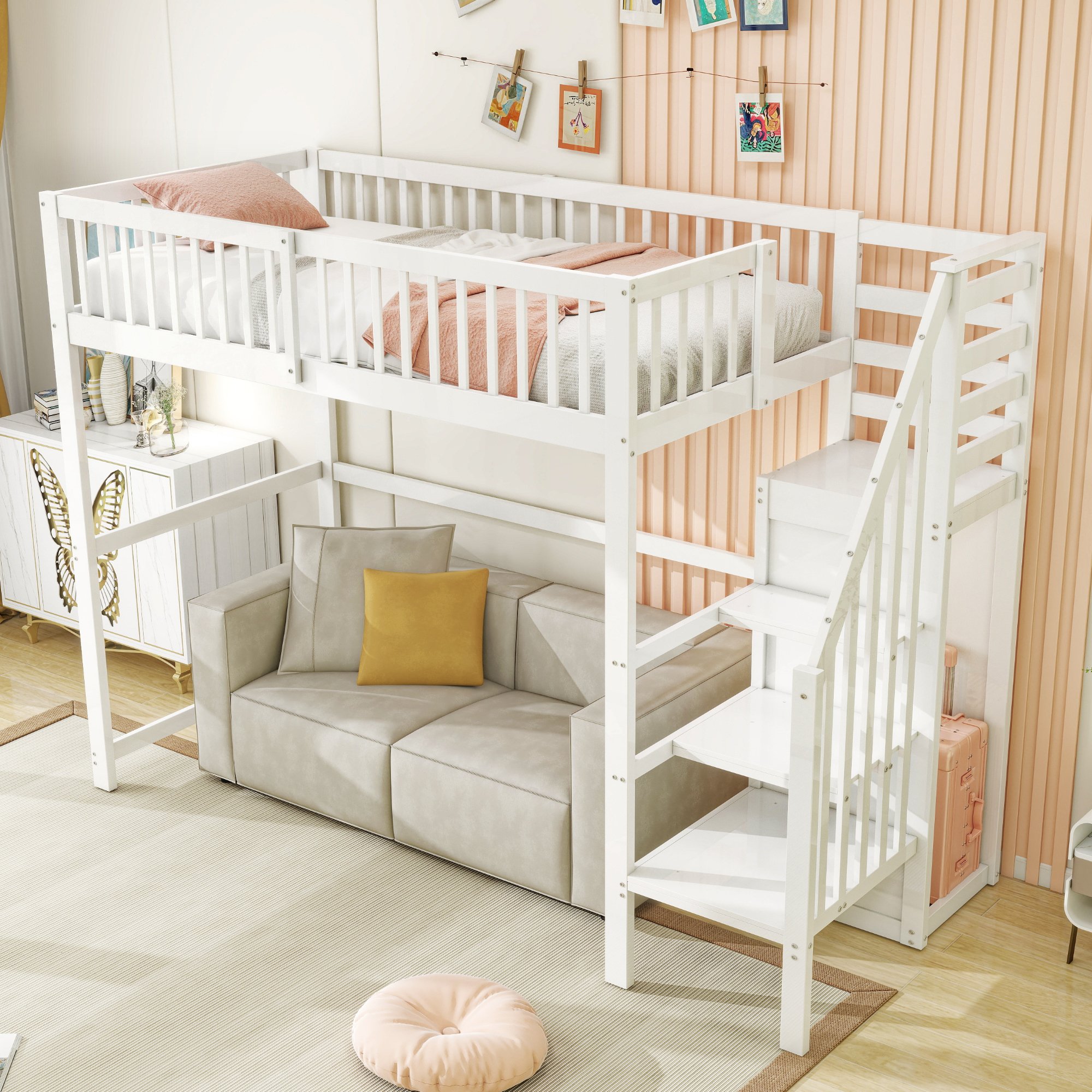 Lit mezzanine 90x200 avec rangement, échelle et penderie, blanc, bois