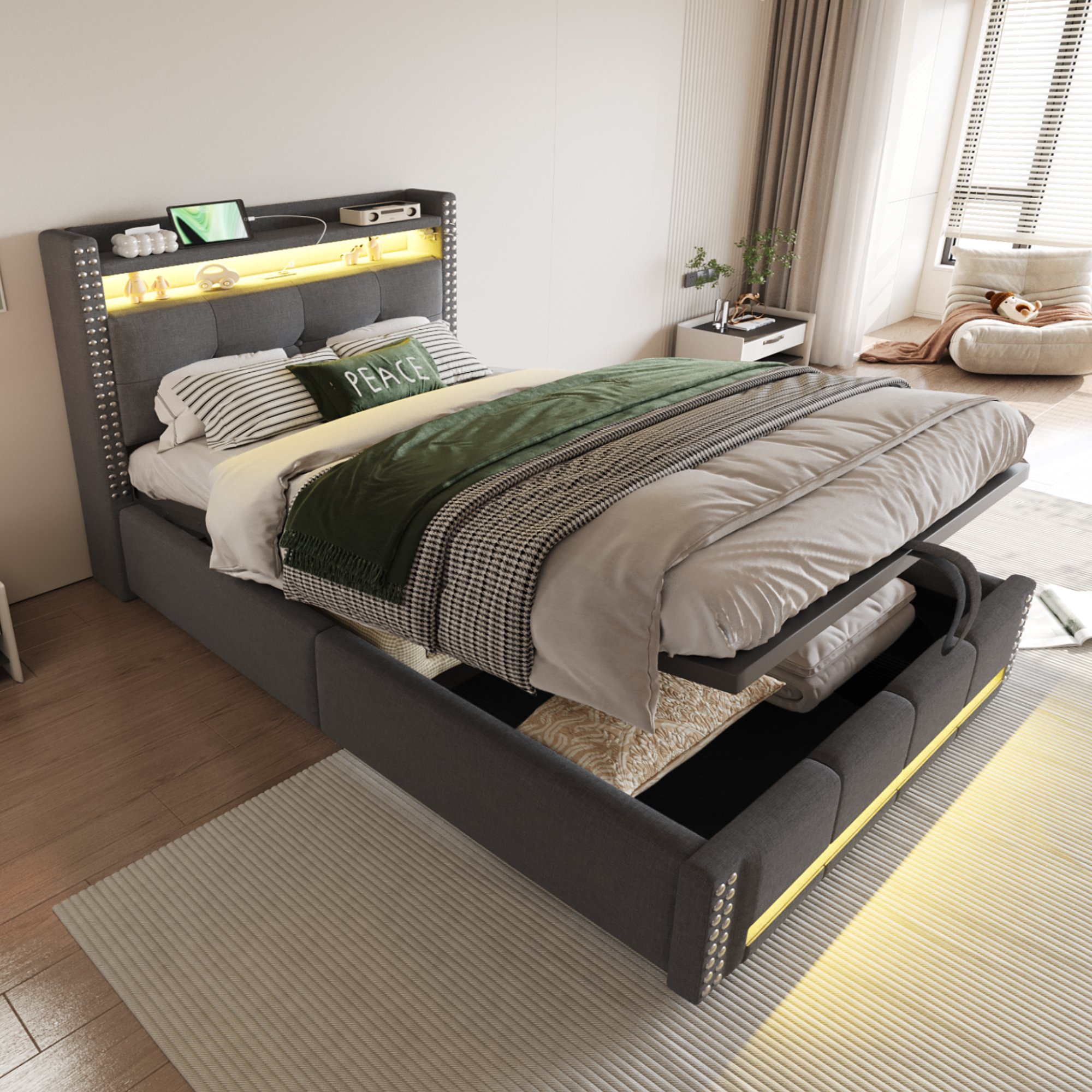 Lit coffre 90x200 avec LED et USB, tête de lit avec rangements, hydraulique, lin gris