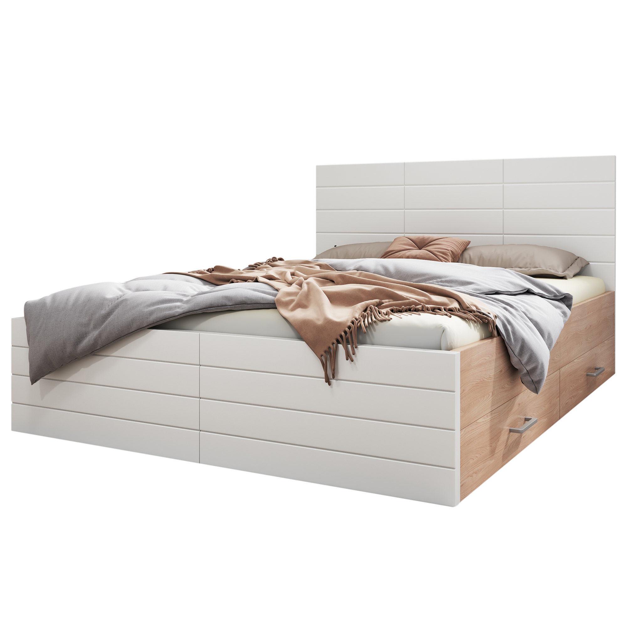 lit double 140x200 avec sommier à lattes, cadre de lit coffre blanc chêne clair, rangement tiroirs et sous le lit, sans matelas
