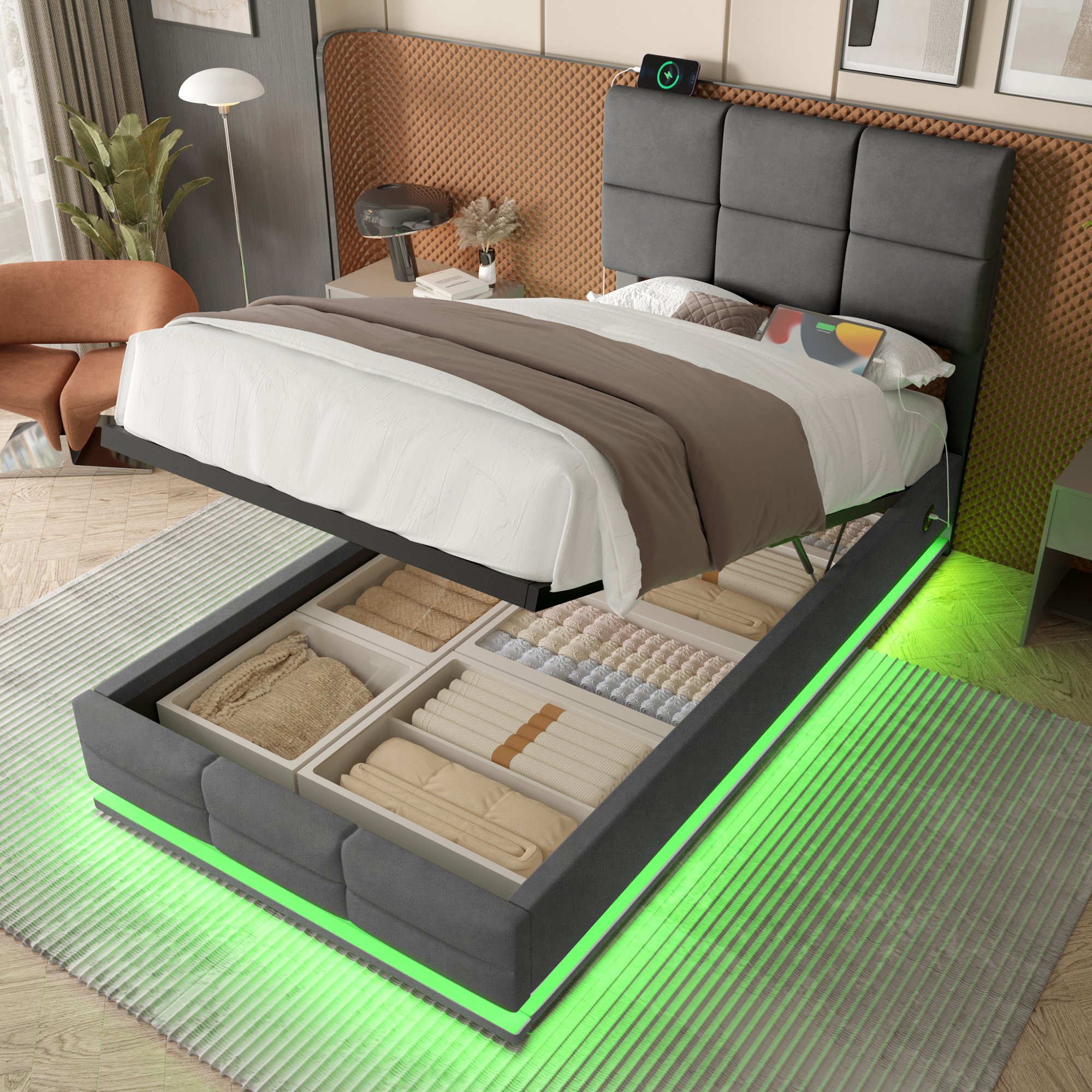 Lit coffre 90x200 en velours gris avec tête réglable, LED, USB et rangement hydraulique
