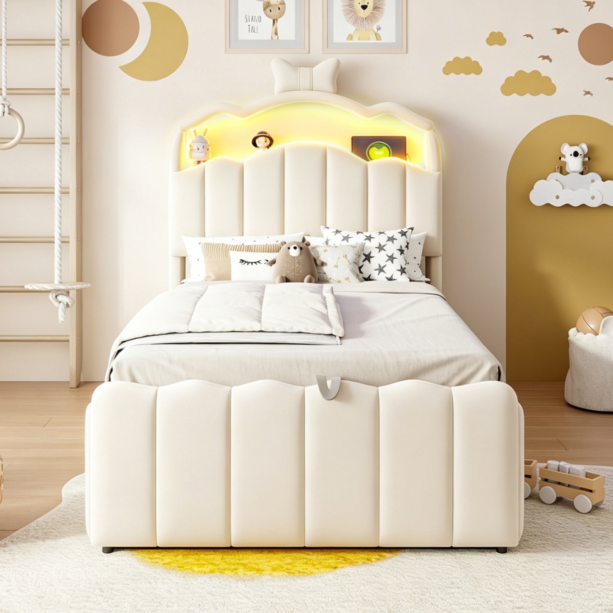 Lit coffre enfant en velours beige, structure métal et Panneau composite de fibres de bois à densité, 90x200, avec rangement hydraulique