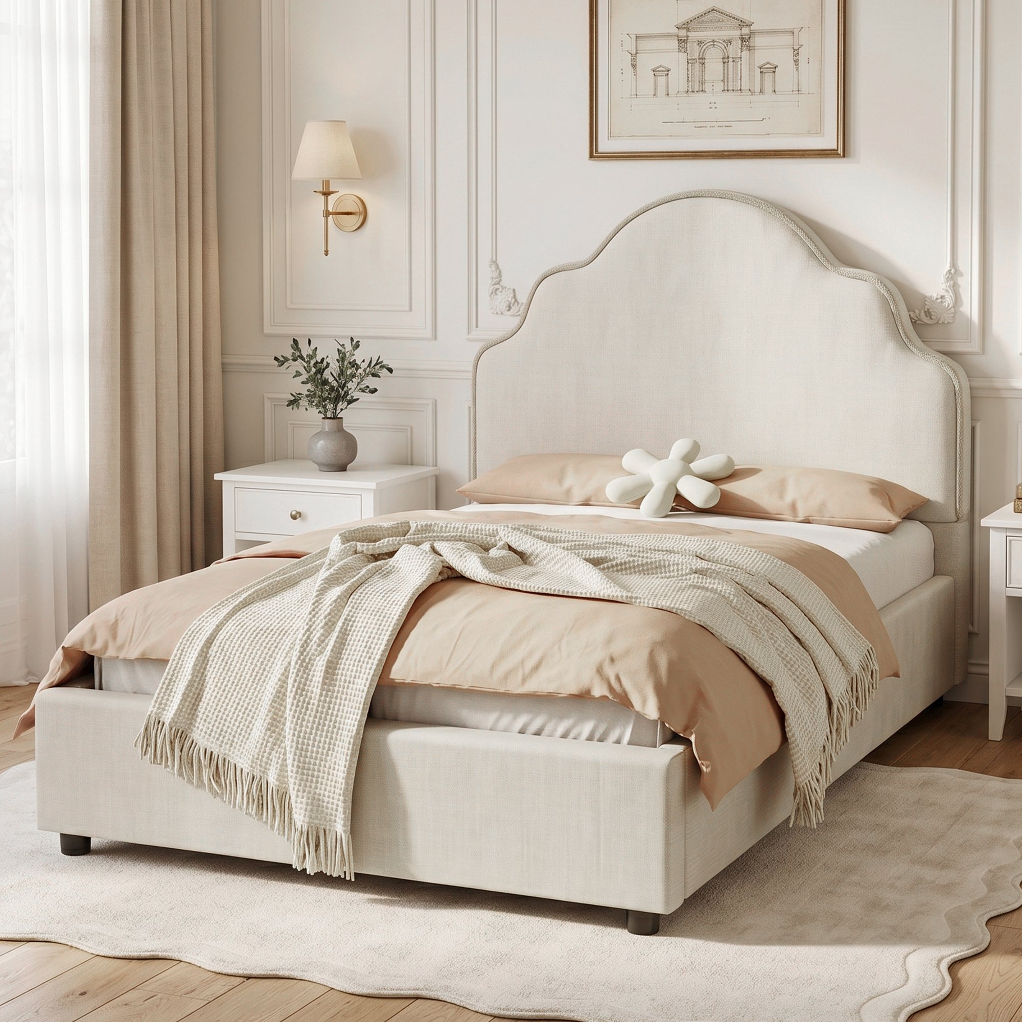 Lit enfant 90x200 cm charge max 150 kg, revêtement lin beige doux, tête de lit épaisse et arrondie, livré avec sommier à lattes