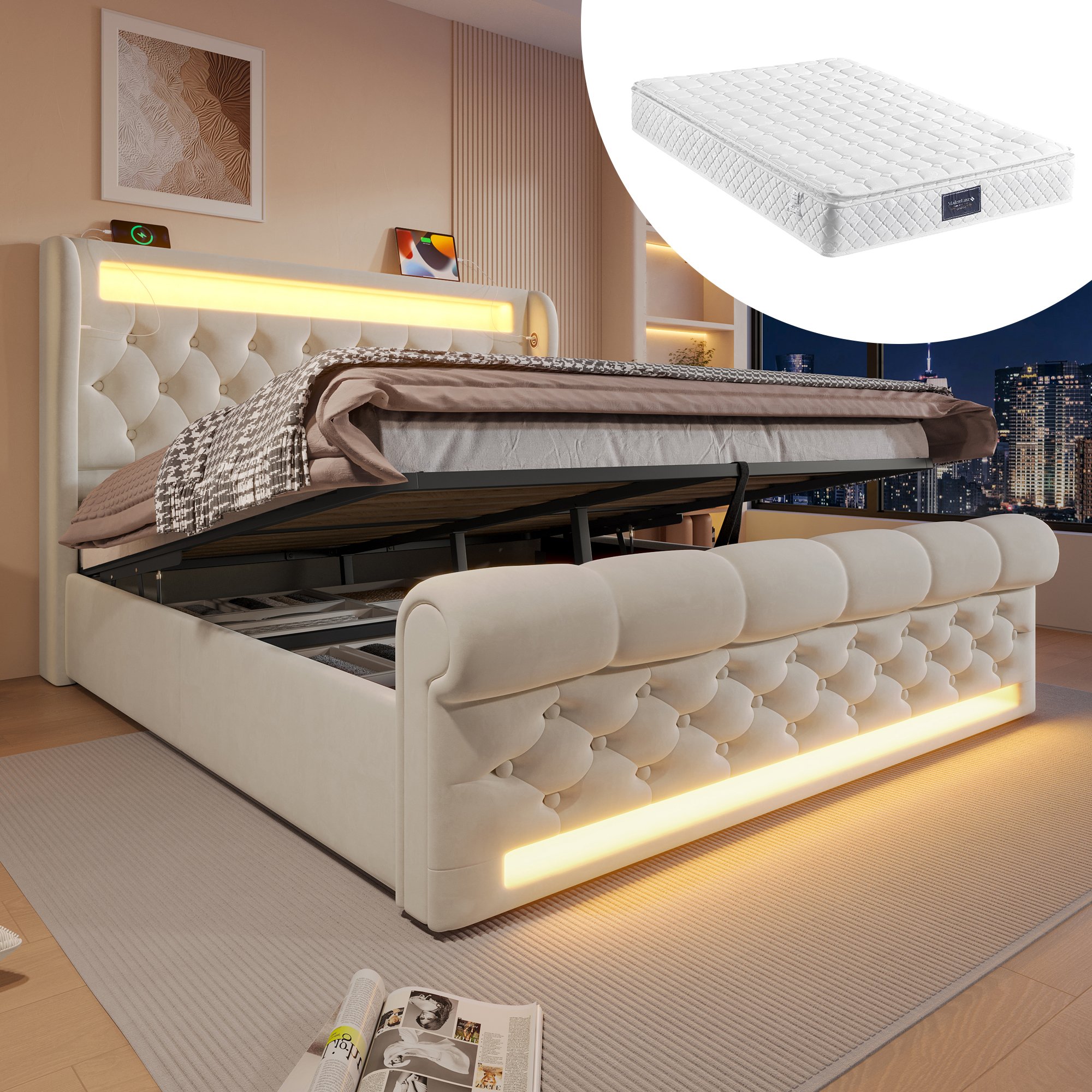 lit coffre 140x200 en velours beige avec rangement hydraulique, LED et ports USB Type-C