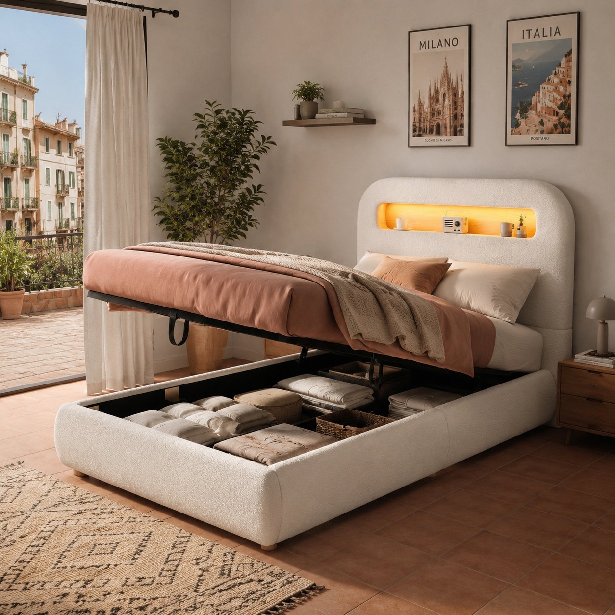 Lit coffre 90x200 avec grand rangement hydraulique et éclairage LED pilotable par application pour chambre d'enfant
