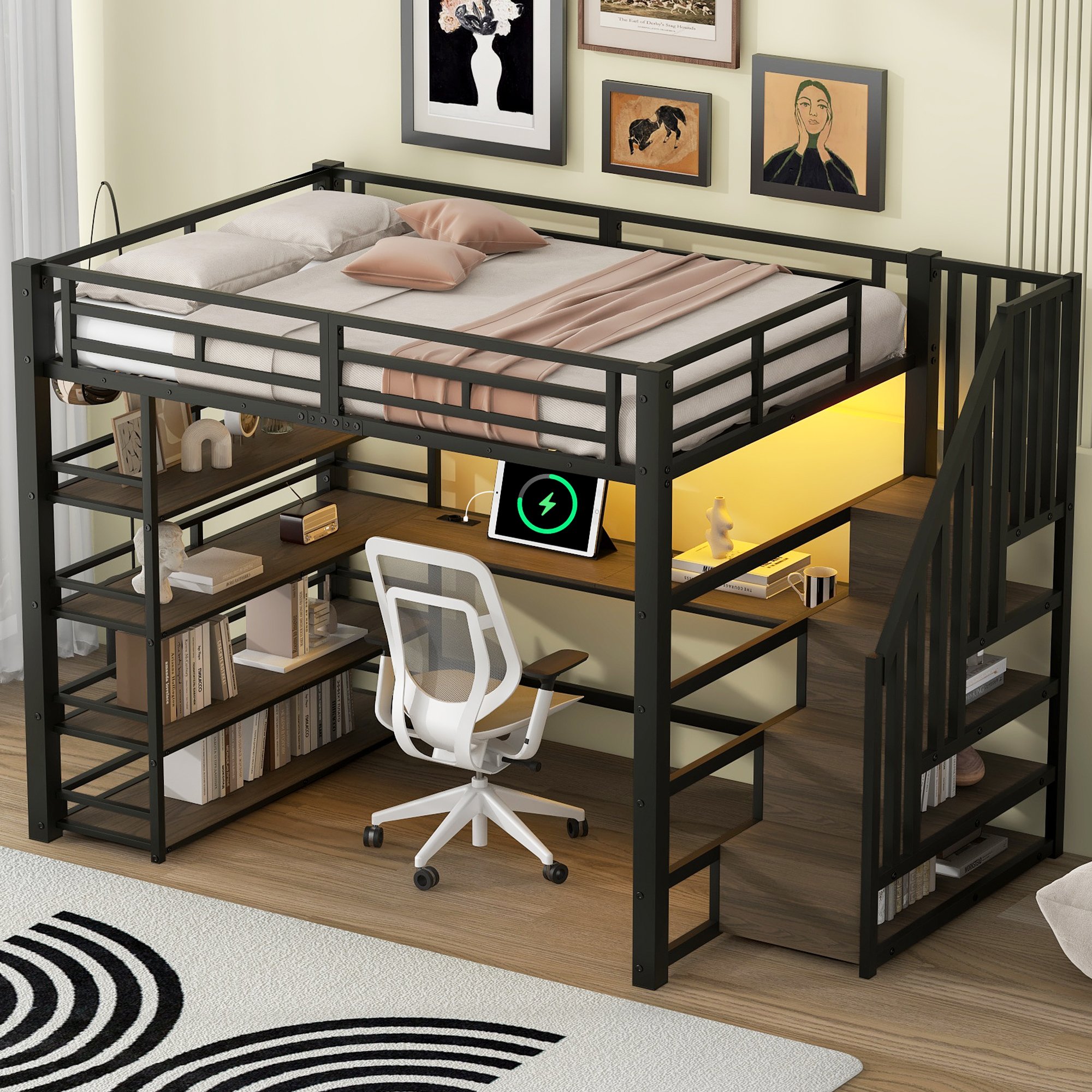 Lit mezzanine 140x200 avec bureau, rangements et LED, structure métallique, échelle intégrée