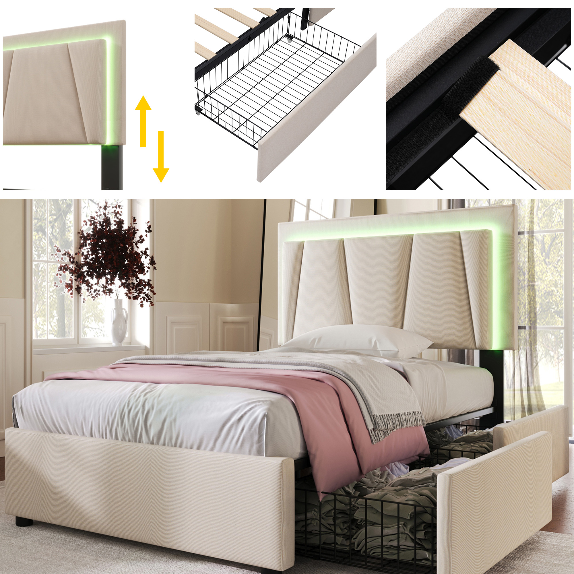 Lit LED 90x200 avec sommier, lit coffre beige capitonné tête de lit inclinable et 2 tiroirs de rangement