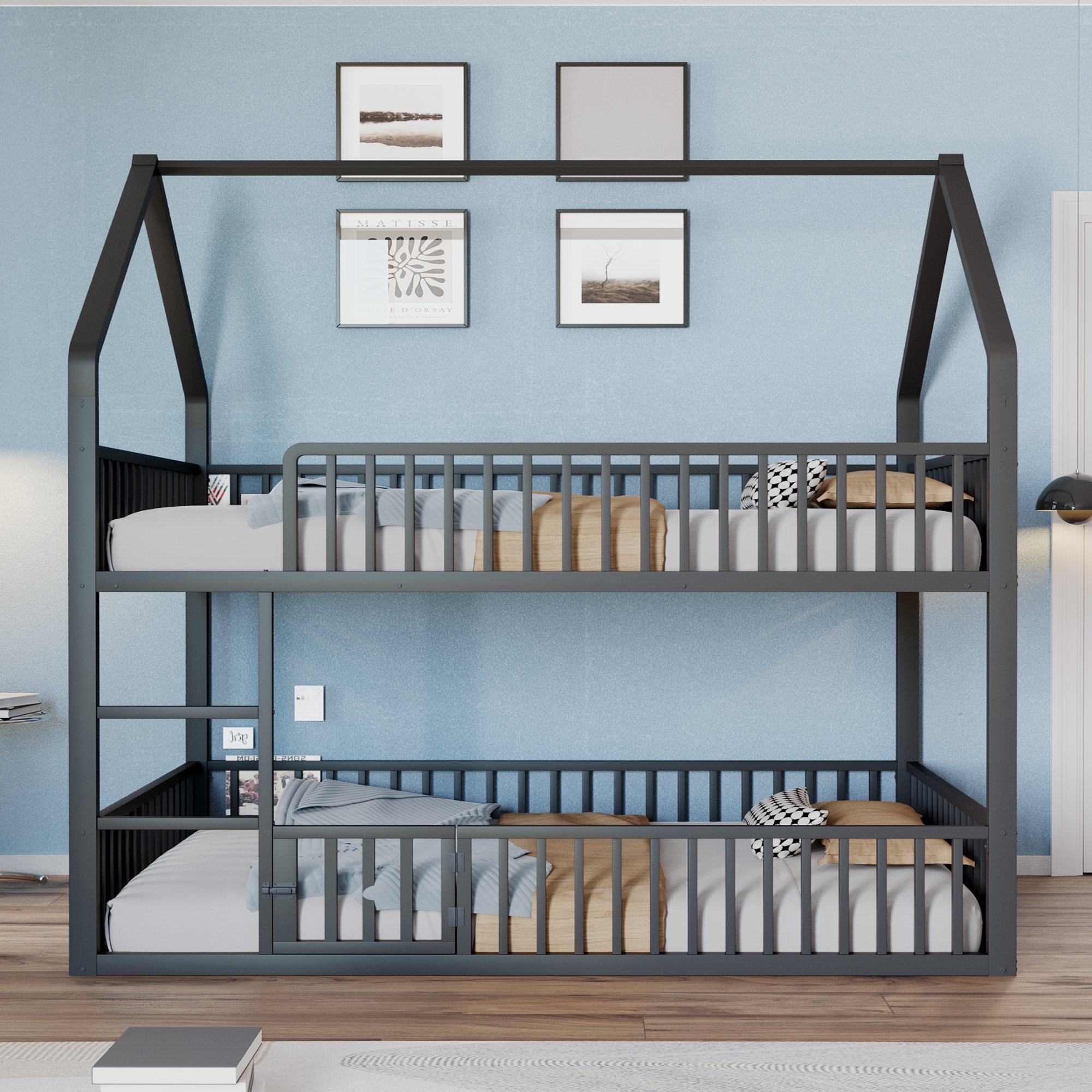 Lit superposé enfant 140x200 en métal noir avec échelle et porte, design maison, sécurité renforcée