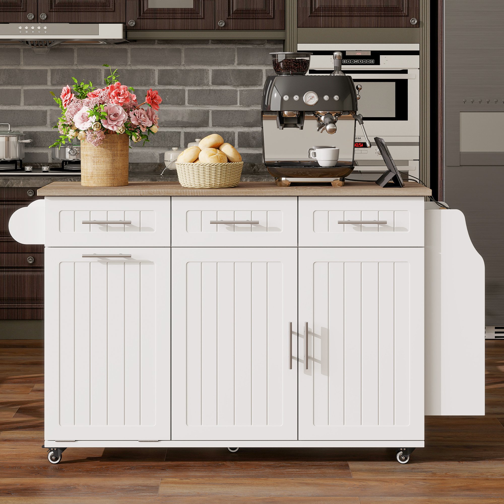 Îlot de cuisine en Panneau composite de fibres de bois à densité blanc avec plan de travail extensible, rangements et roulettes, 120x40 cm, pour cuisine et salle à manger
