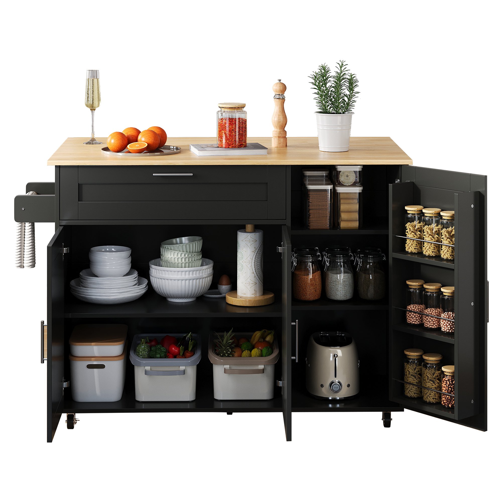 Îlot de cuisine 132,5x44(70)x90 cm, 2 personnes, avec rangement, plan de travail rabattable, 5 roulettes, noir et naturel, Panneau composite de fibres de bois à densité