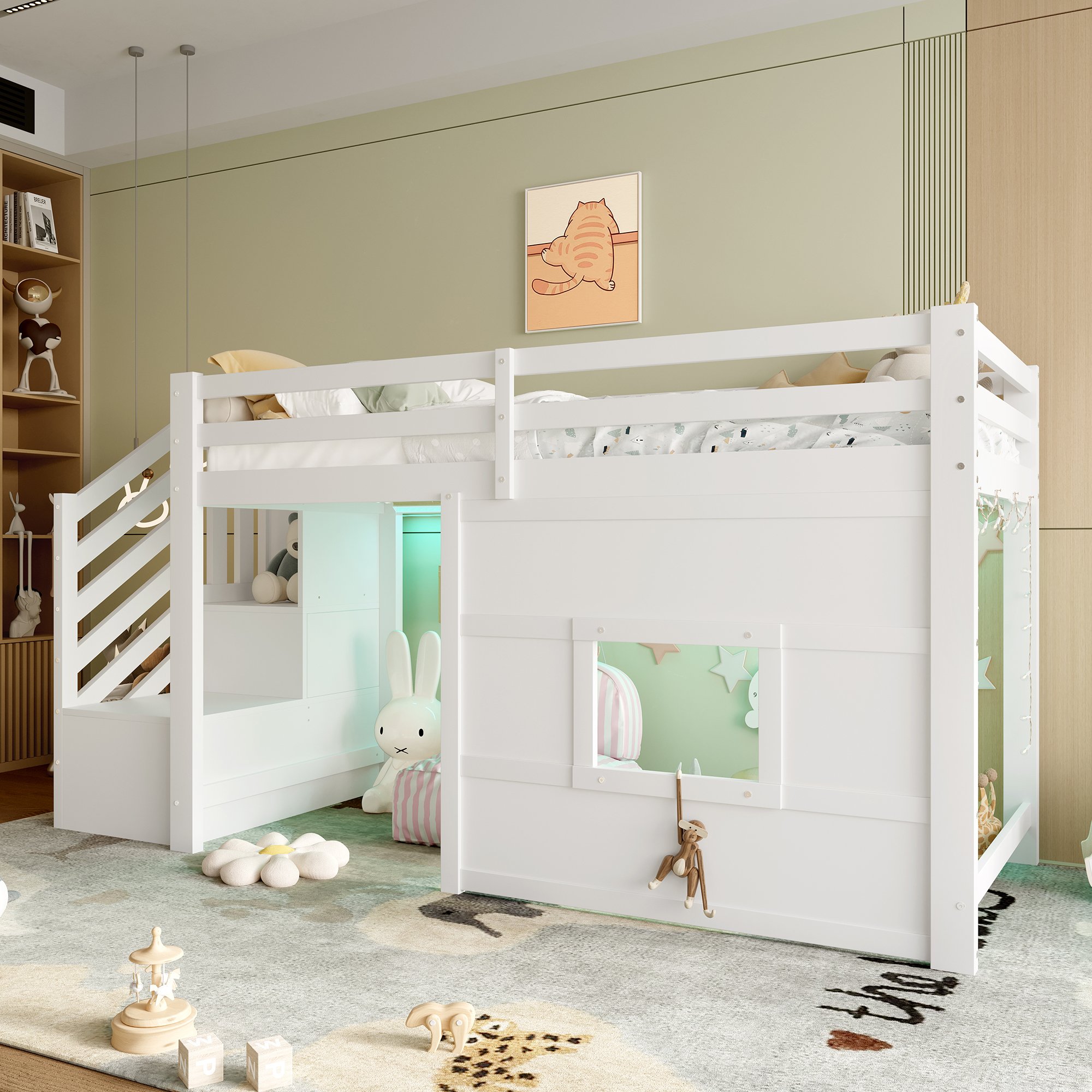 Lit mezzanine avec escalier de rangement, fenêtre et LED, couchage 90x200