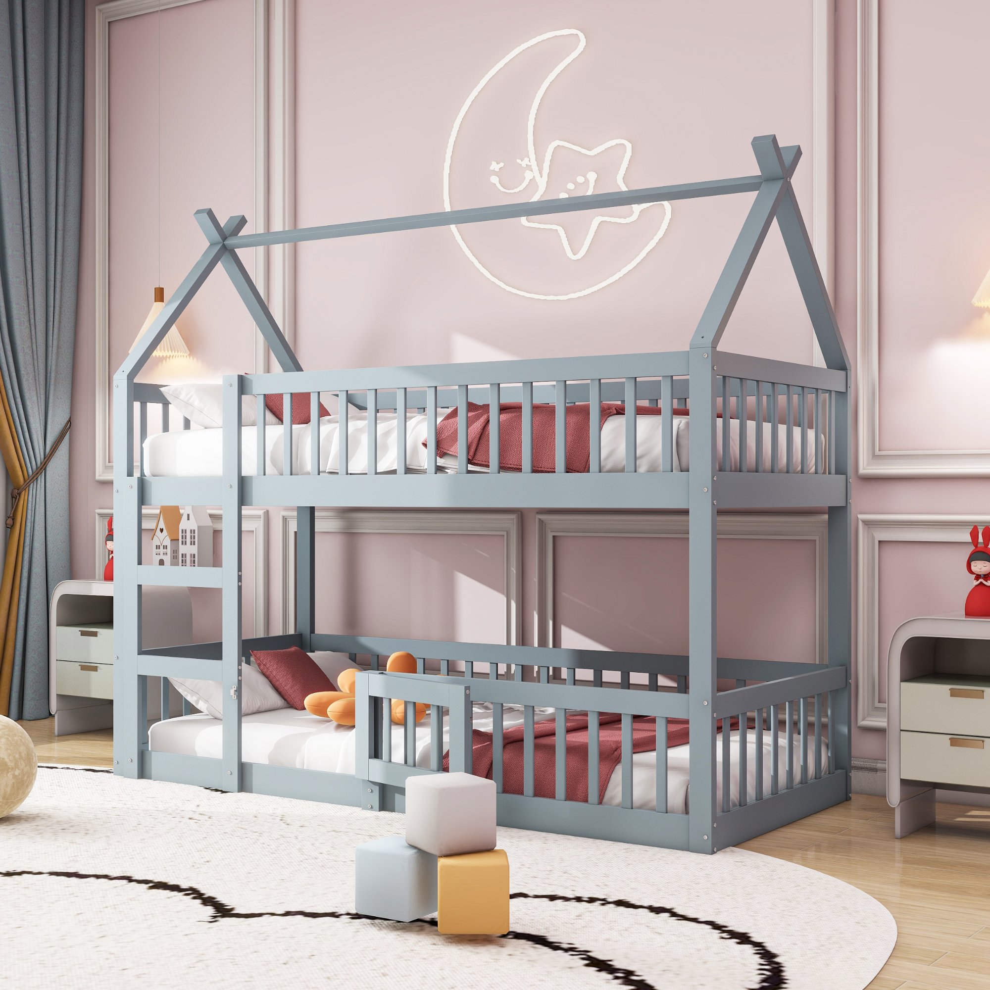 Lit superposé 90x200 cm 2 places avec escalier, bois massif, gris, pour enfant
