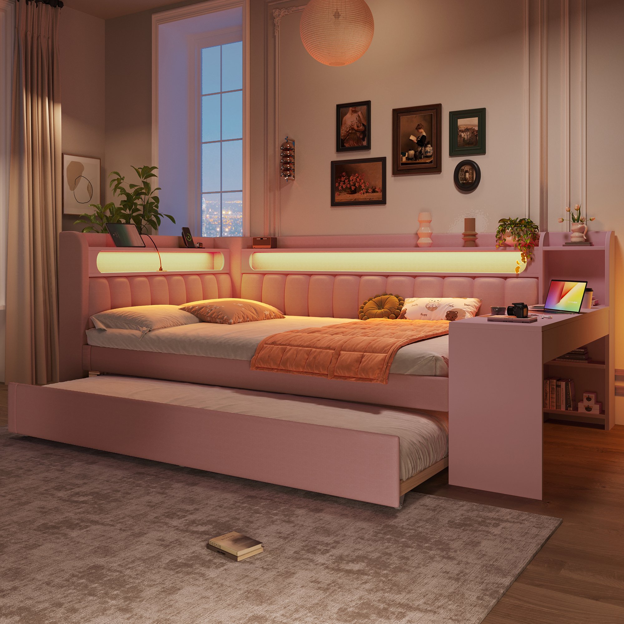 Lit gigogne 140x200 avec couchage d'appoint 90x190, LED et USB