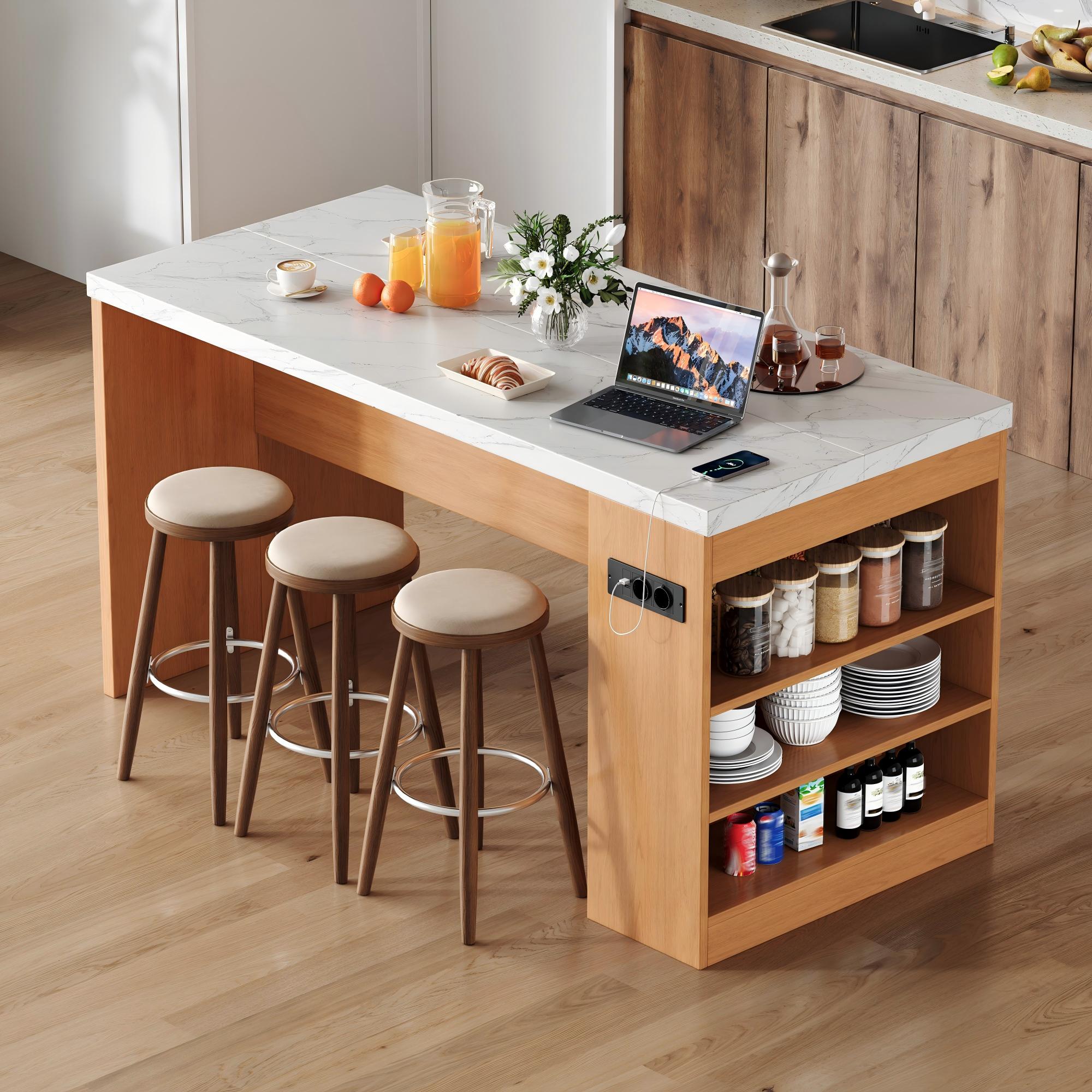 Îlot de cuisine avec éclairage LED intégré, prises AC et USB, rangements ouverts, plan de travail 40 mm, 155x80x90 cm