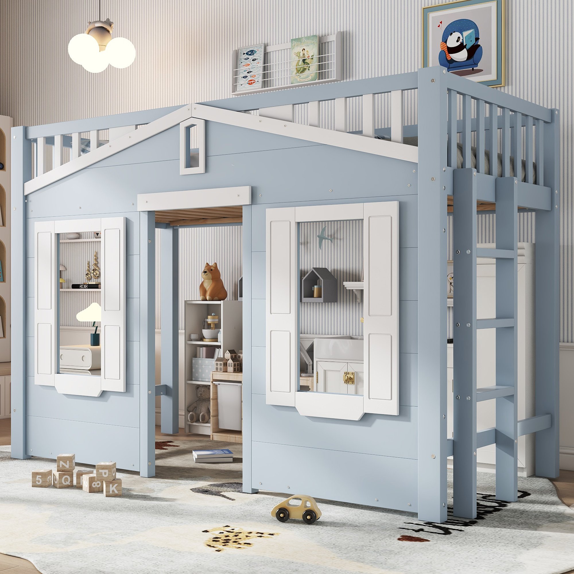 Lit mezzanine enfant avec échelle réversible et espace sous le lit, 90x200