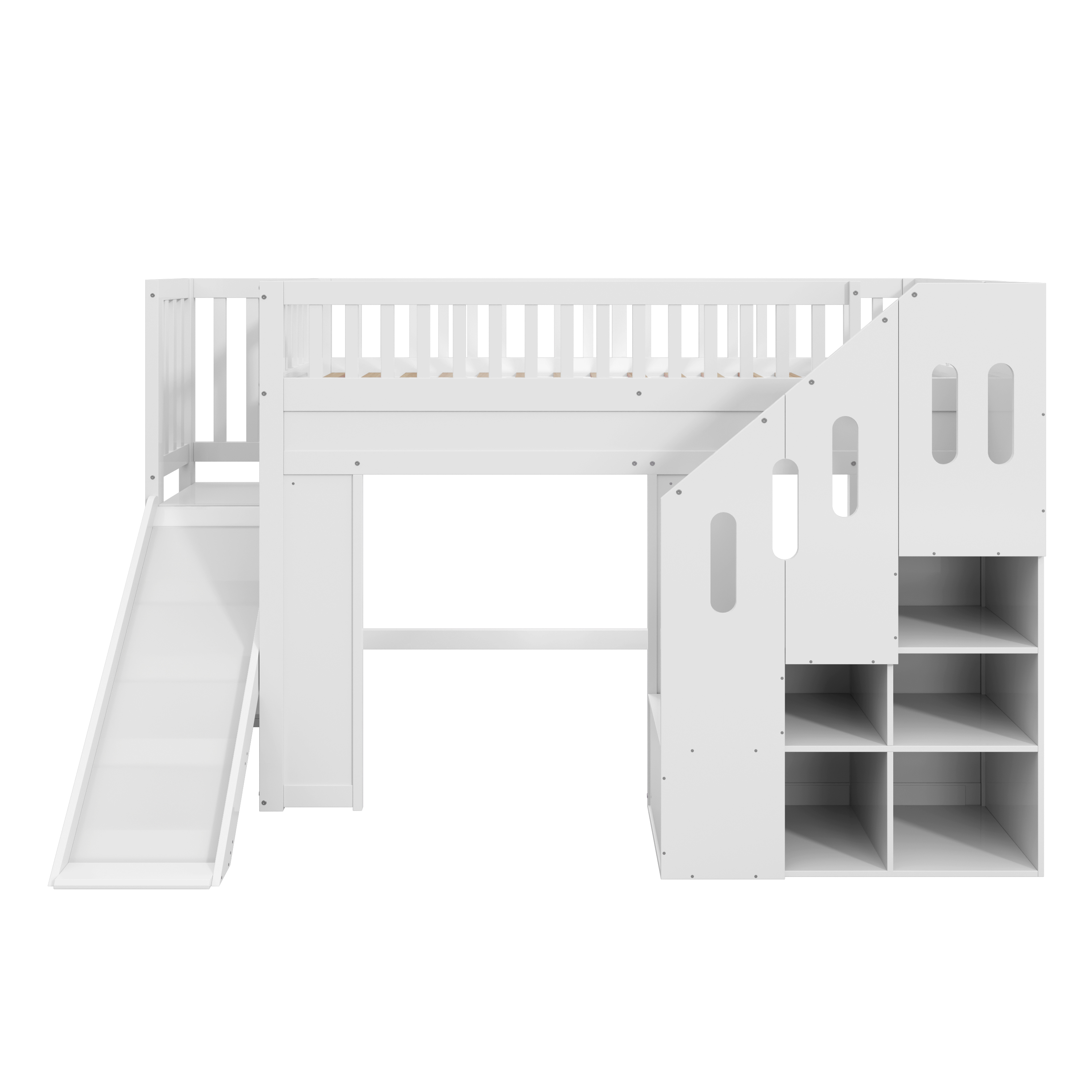Lit superposé enfant 90x200 cm en bois massif blanc avec toboggan, escalier de rangement et barrière de sécurité