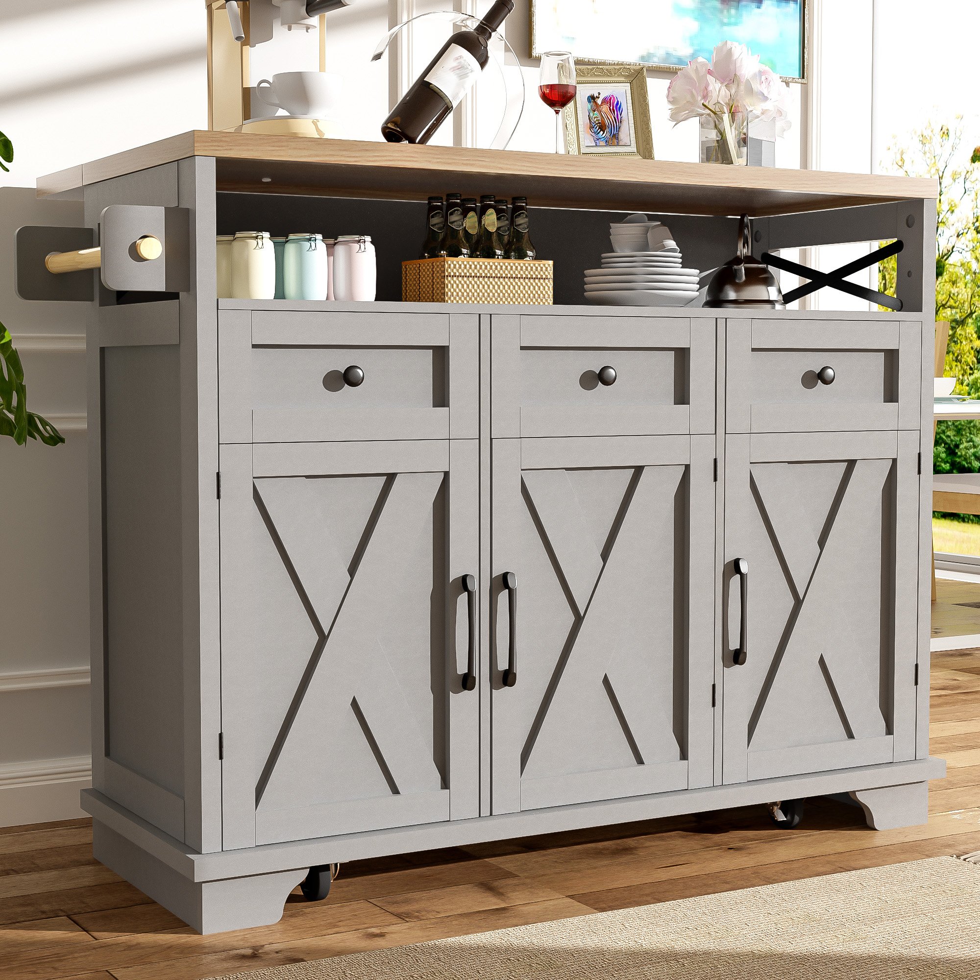 Petit îlot de cuisine avec rangement et roulettes, gris, plan de travail en bois, extensible 118x43-80x98 cm, Panneau composite de fibres de bois à densité et métal