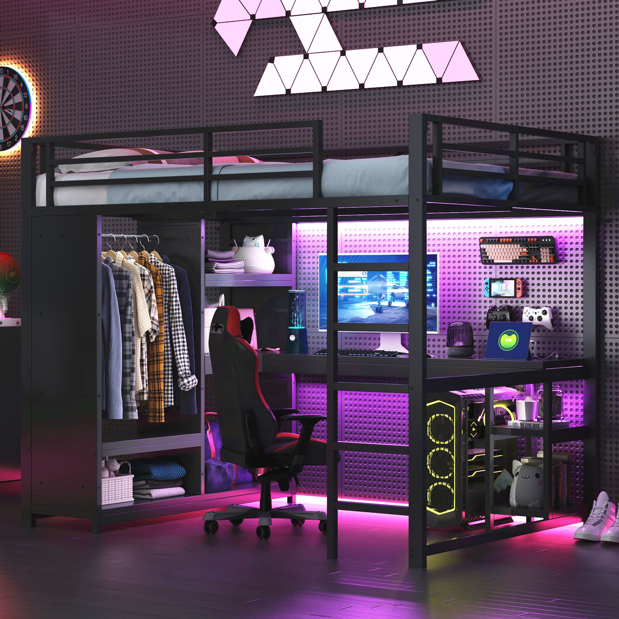 Lit mezzanine 140x200 avec bureau intégré, LED et rangements, idéal pour petit espace