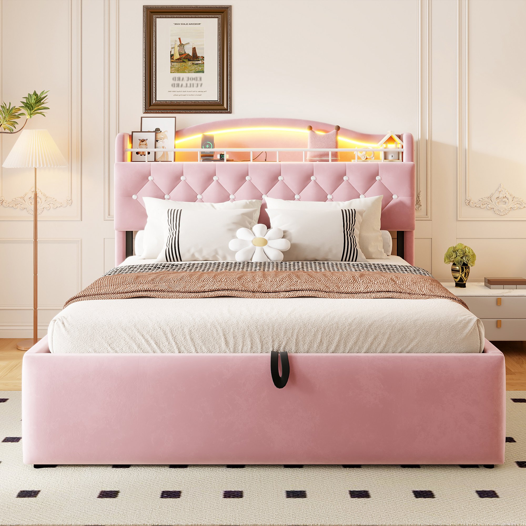 Lit coffre 140x200 en velours rose avec structure métallique et sommier à lattes, rangement hydraulique