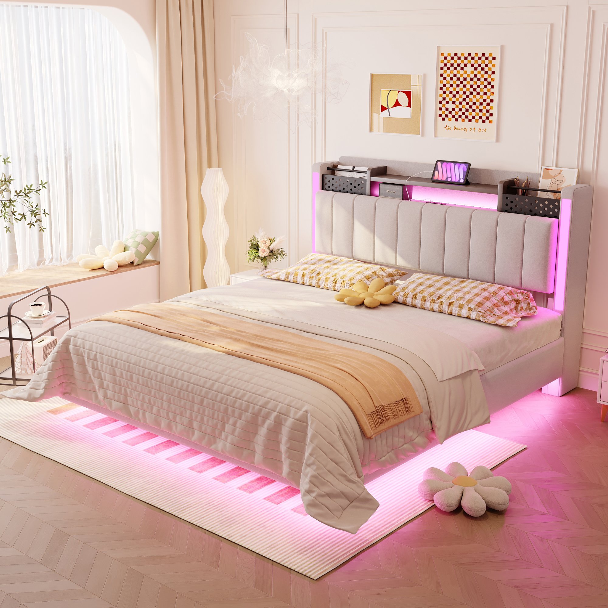 Lit coffre 140x200 en lin beige avec LED, USB et rangement intégré