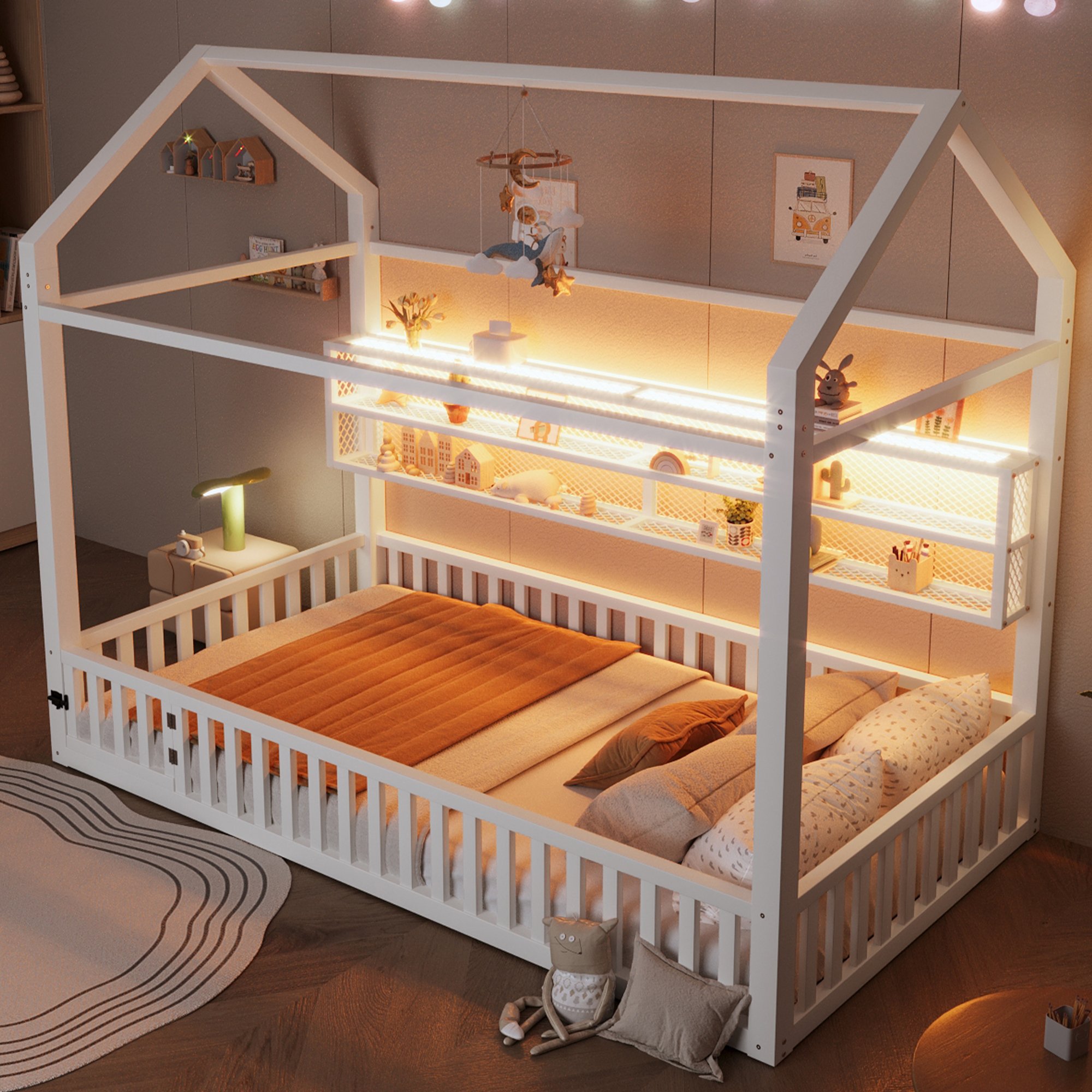 Lit maison 90x200 avec LED et barrière de sécurité, blanc, structure en métal